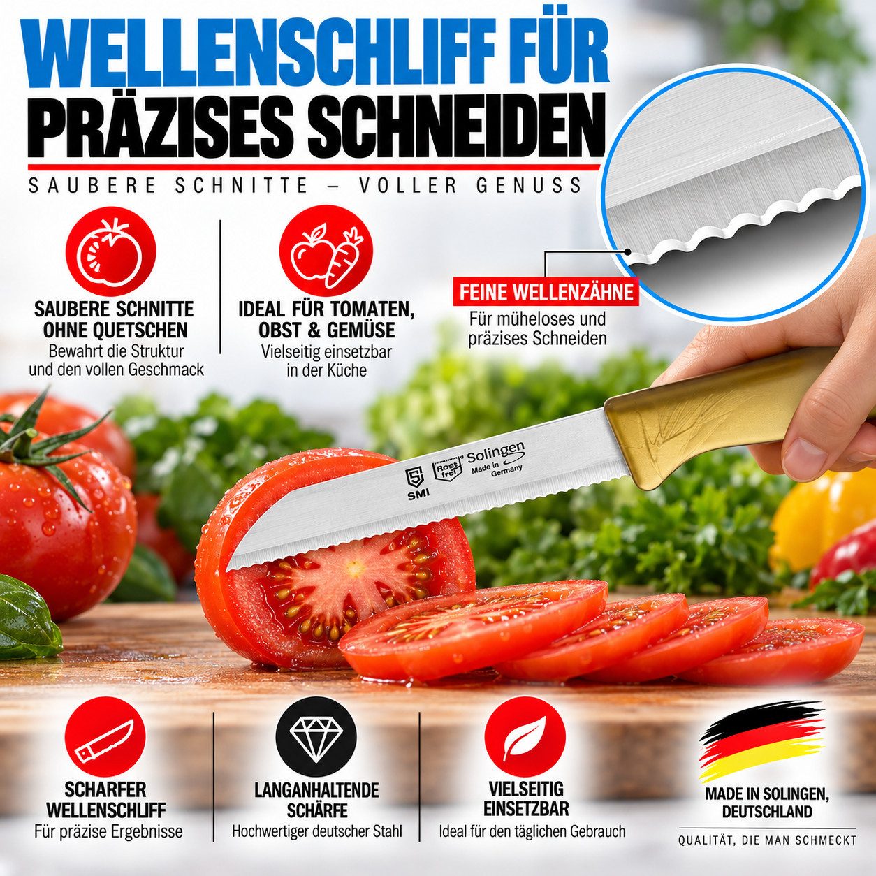 SMI Gemüsemesser 6-tlg Solingen Schälmesser Gemüsemesser Set Obstmesser Küchenmesser, Klinge mit Wellenschliff – Bild 4 von 5