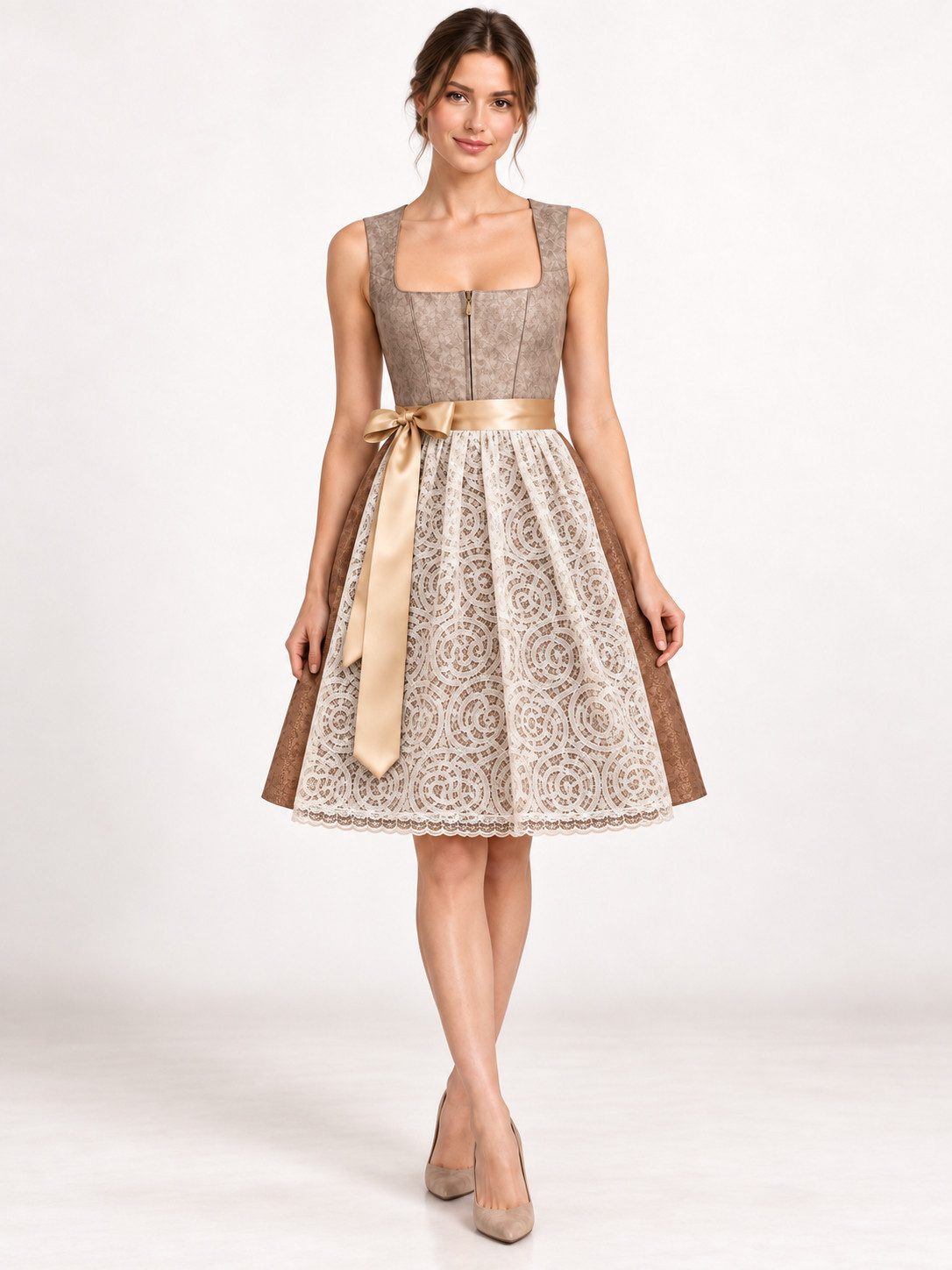 CMRBALL Dirndl Damen Dirndl in Taupe-Braun mit Spitzenschürze und Satinschleife (Set, Dirndlkleid mit Spitzenschürze und Satinband) Spitzenschürze, Satinschleif – Bild 4 von 5
