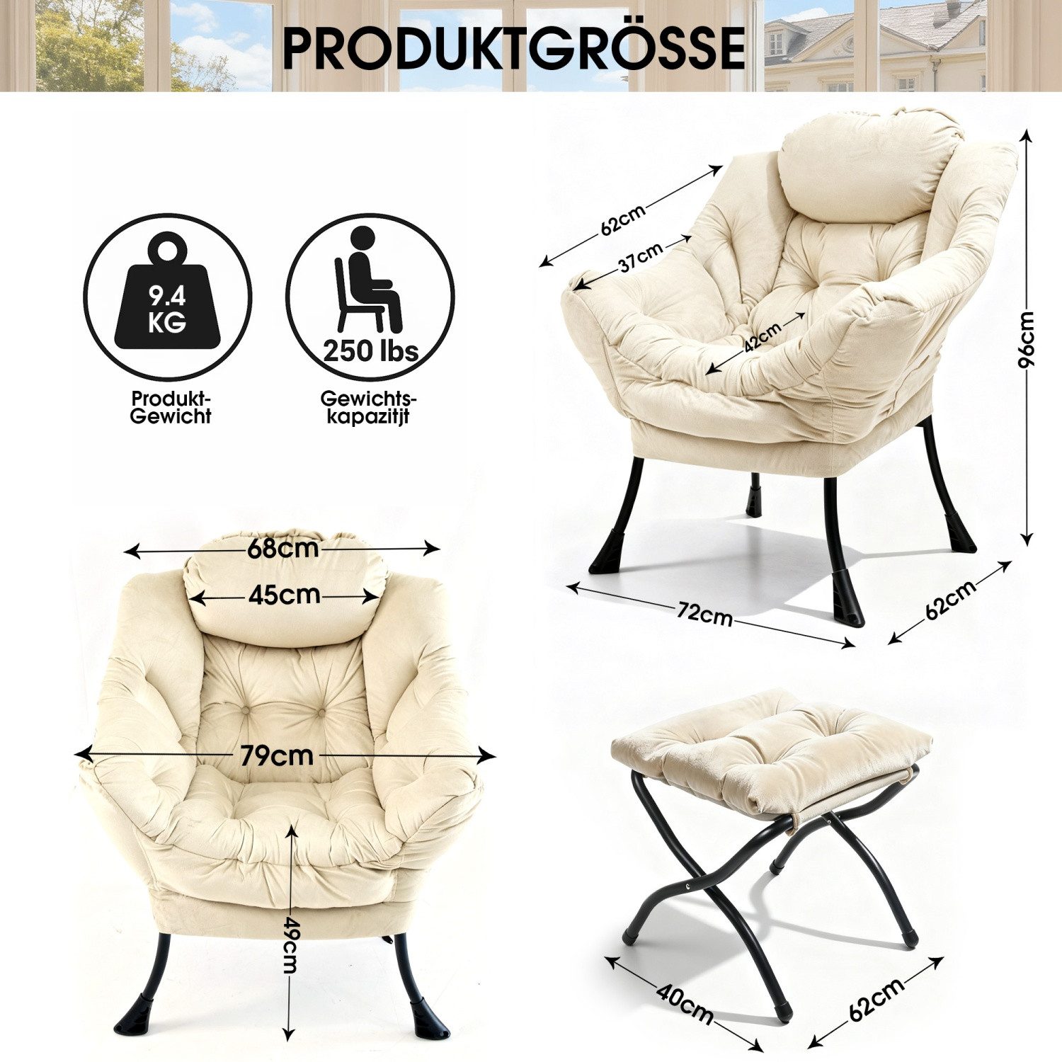 ANYSUN Loungesessel Relaxsessel aus Samt mit Hocke,Sanftes Design mit Nackenstütze (Seitentasche (Handy), Hocker als Fußbank/Kindersitz), Loungesessel,Fernsehsessel, Ohrensessel für Wohnzimmer, Schlafzimmer