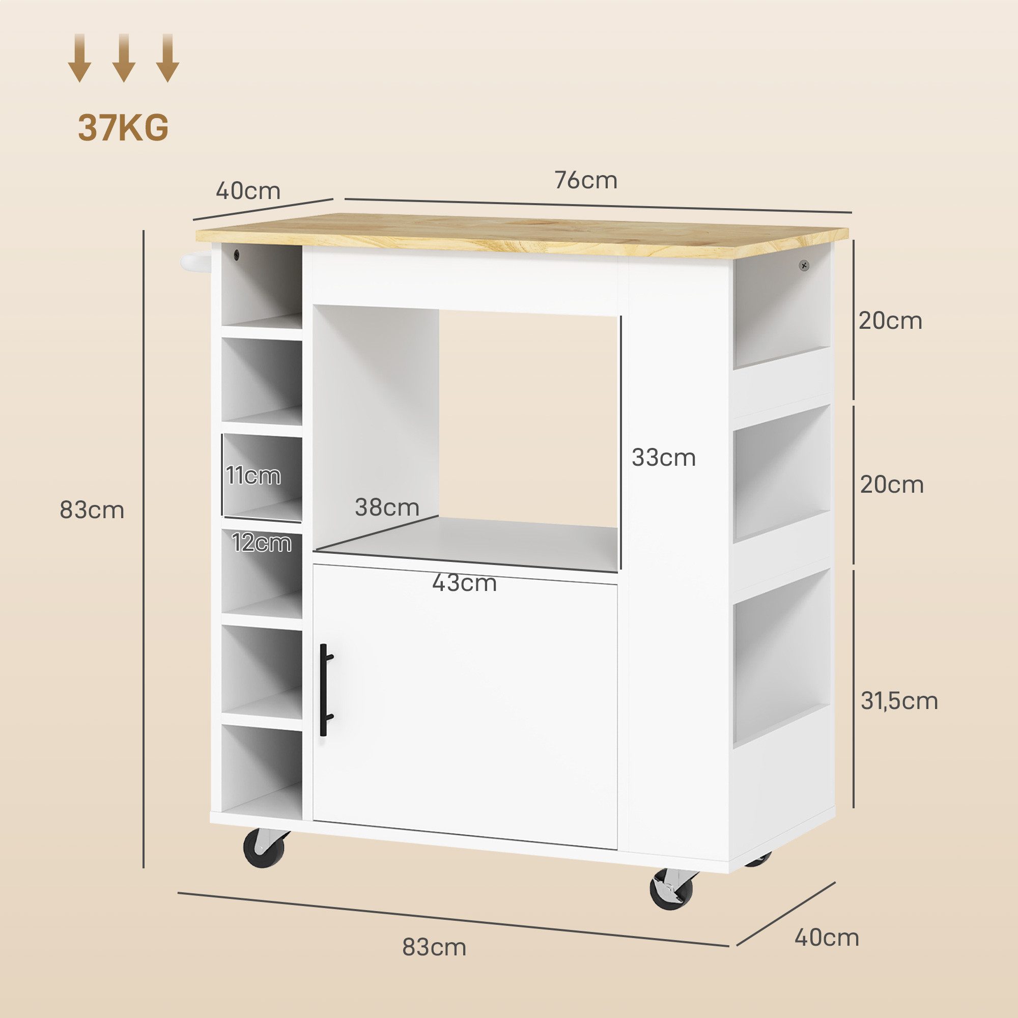 HOMCOM Küchenwagen Küchenwagen mit Schrank, Arbeitsplatte, Ablagen, Weinregalen, (Rollwagen mit Soft-Close-Scharnieren, 1 St., Kücheninsel), für Büro, 83x40x83cm, Eiche