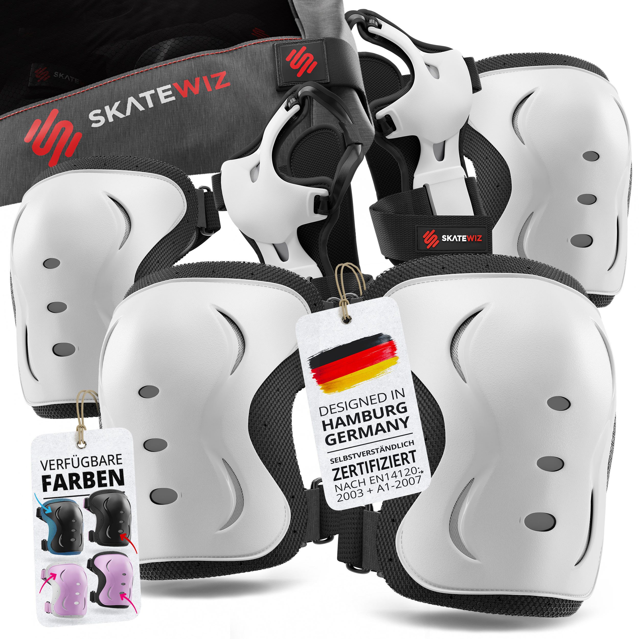SKATEWIZ Protektoren-Set Schoner Inliner Geschenke für Kinder Knieschoner Erwachsene (Schützer Set Inliner skates Kinder und Rollschuhe, 6-tlg., Knieschoner Kinder - Inliner Schoner Erwachsene Schützer Inliner), Skateboard Schutzausrüstung Schlittschuhe S