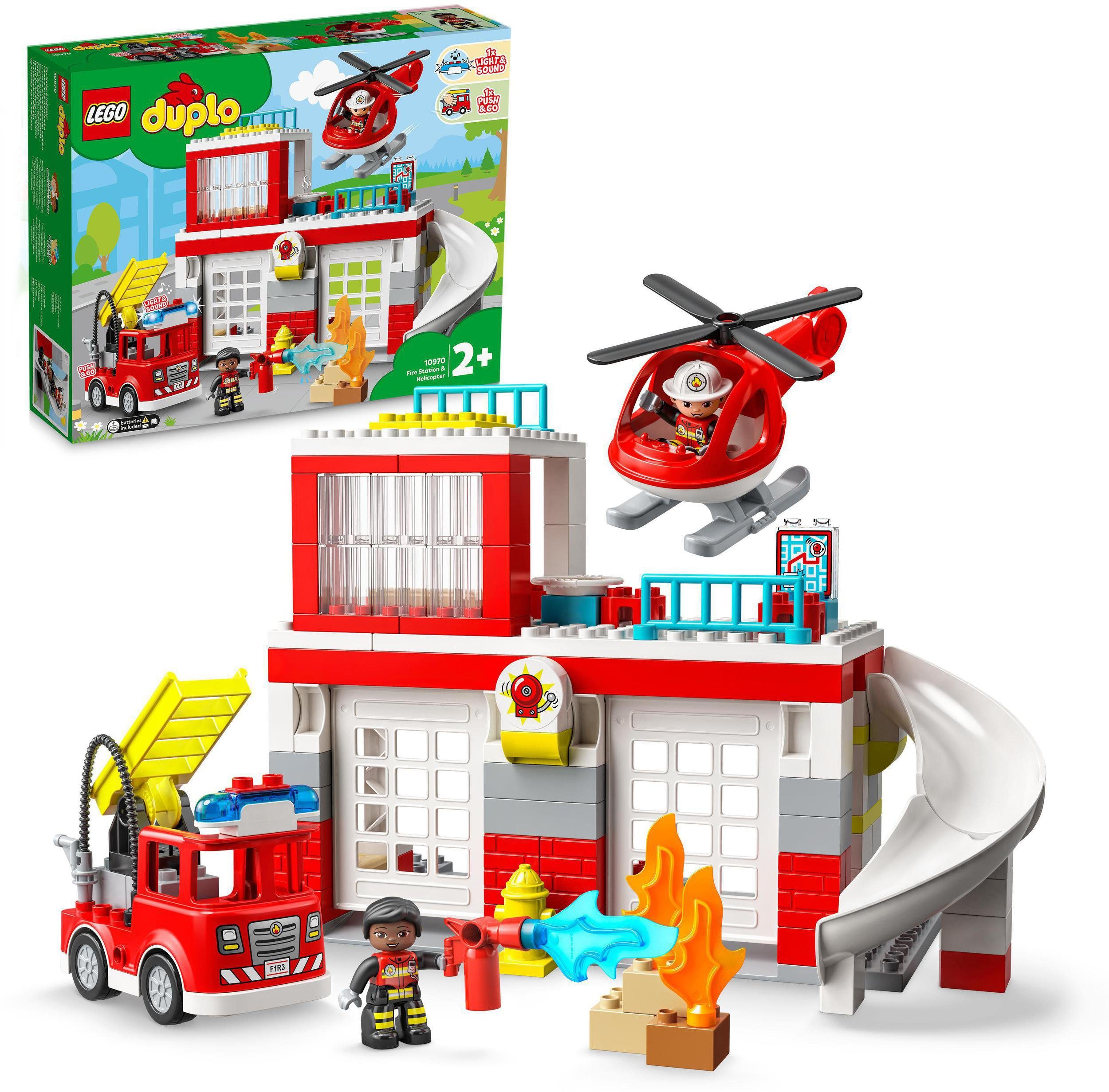 LEGO® Konstruktionsspielsteine Feuerwehrwache mit Hubschrauber (10970), LEGO®  DUPLO, (117 St), mit Sirenen und Licht; Made in Europe, Mit 117 Teilen