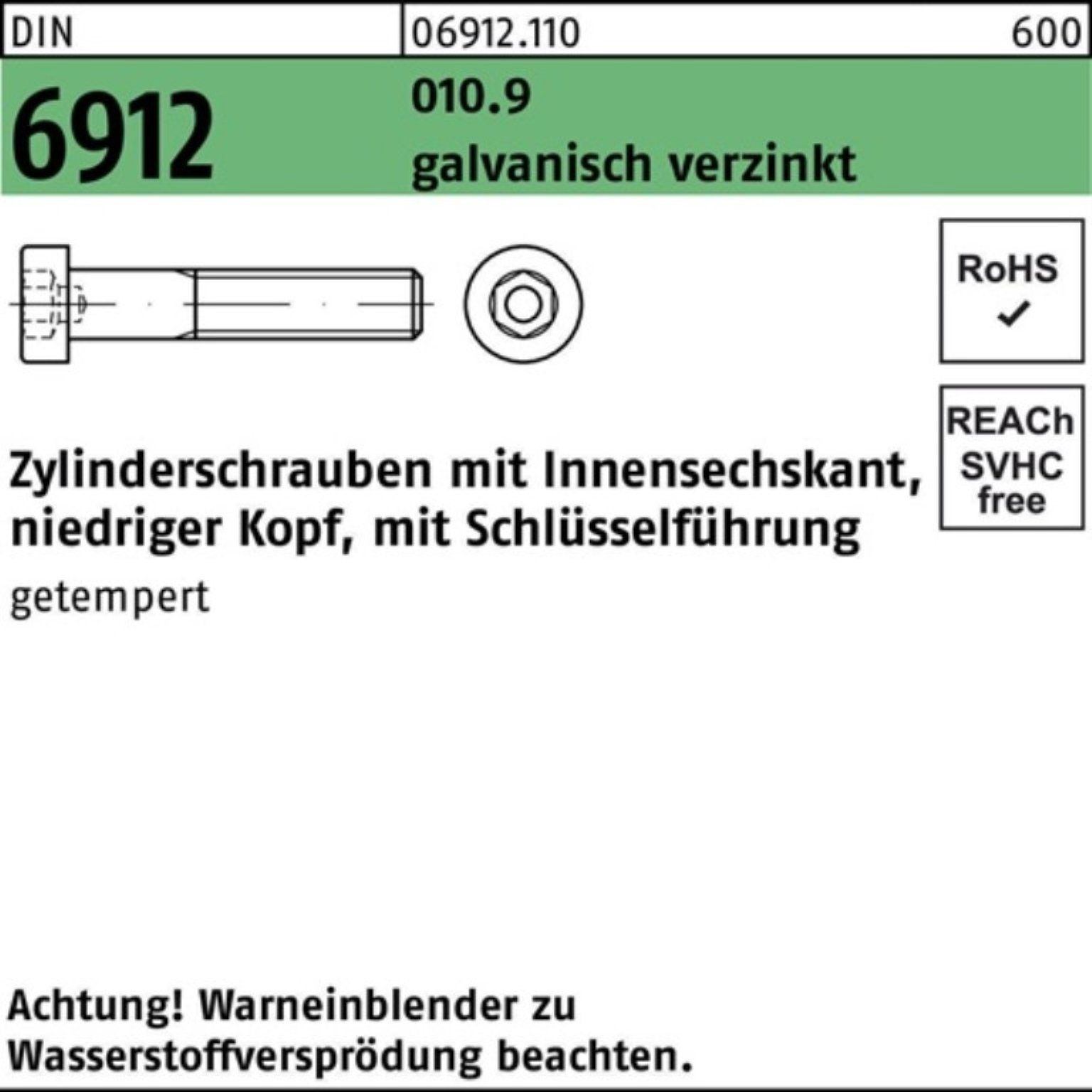 Pack Zylinderschraube Innen-6kt Reyher 010.9 Zylinderschraube galv.verz. M6x16 6912 500er DIN