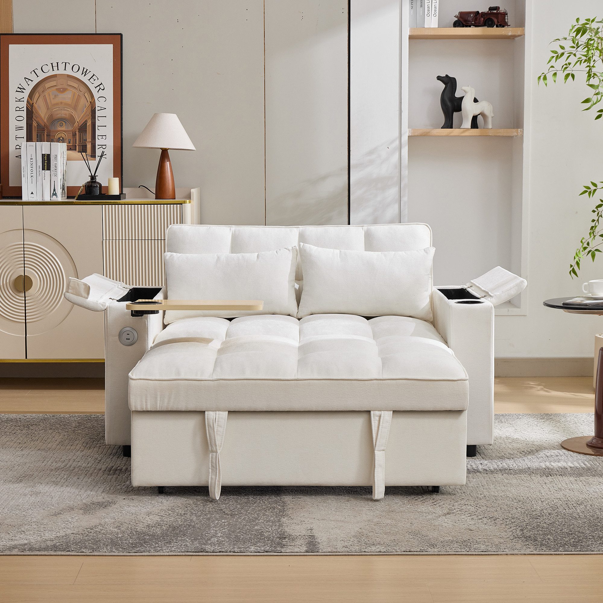 Merax Schlafsofa 3-in-1 Loungesofa faltbar Sofa mit USB & verstecktem Tisch, 1 Teile, 2-Sitzer Sofa mit verstellbarer Rückenlehne, Getränkehalter & Rollen – Bild 4 von 5