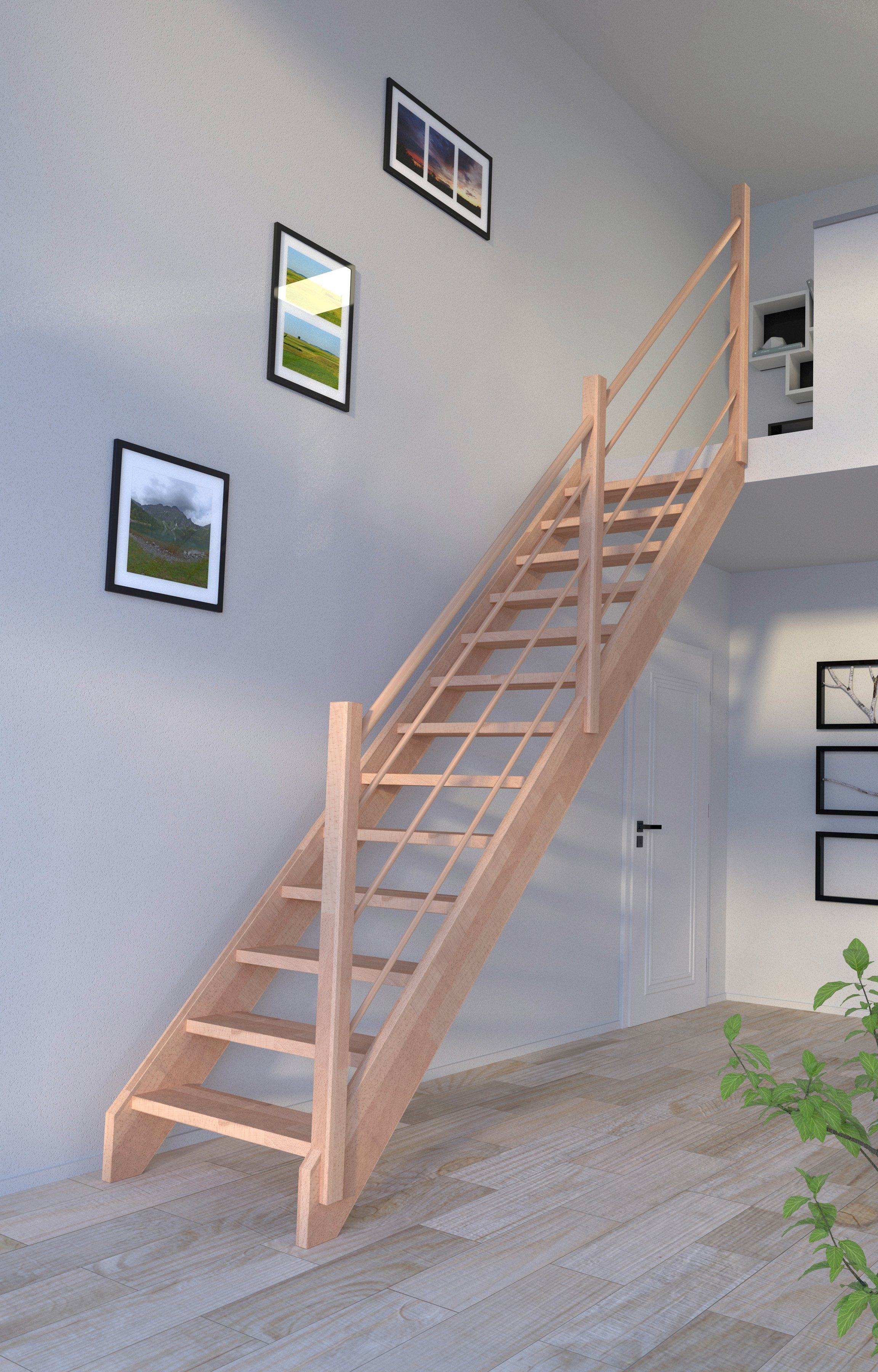 Starwood Systemtreppe Massivholz Mykonos, Holz-Holz Design Geländer Rechts, für Geschosshöhen bis 280 cm, Stufen offen, Durchgehende Wangenteile