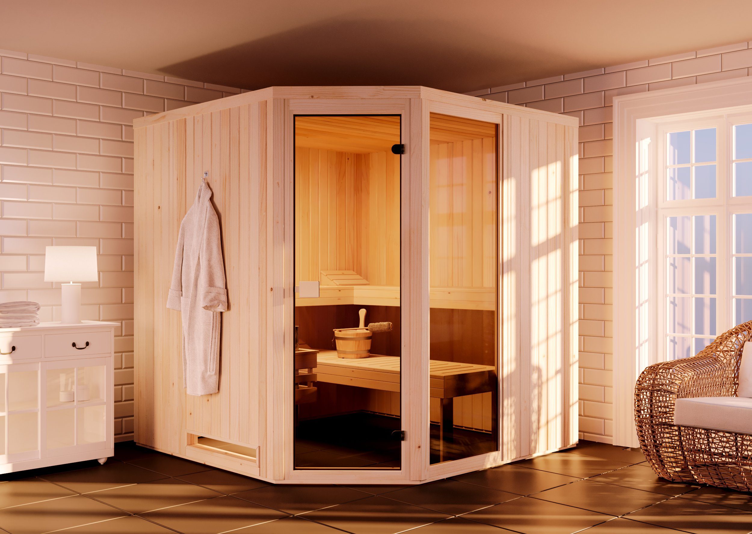 FinnTherm Sauna Innensauna Family, BxTxH: 194 x 194 x 199 cm, 72 mm, in Naturbelassen