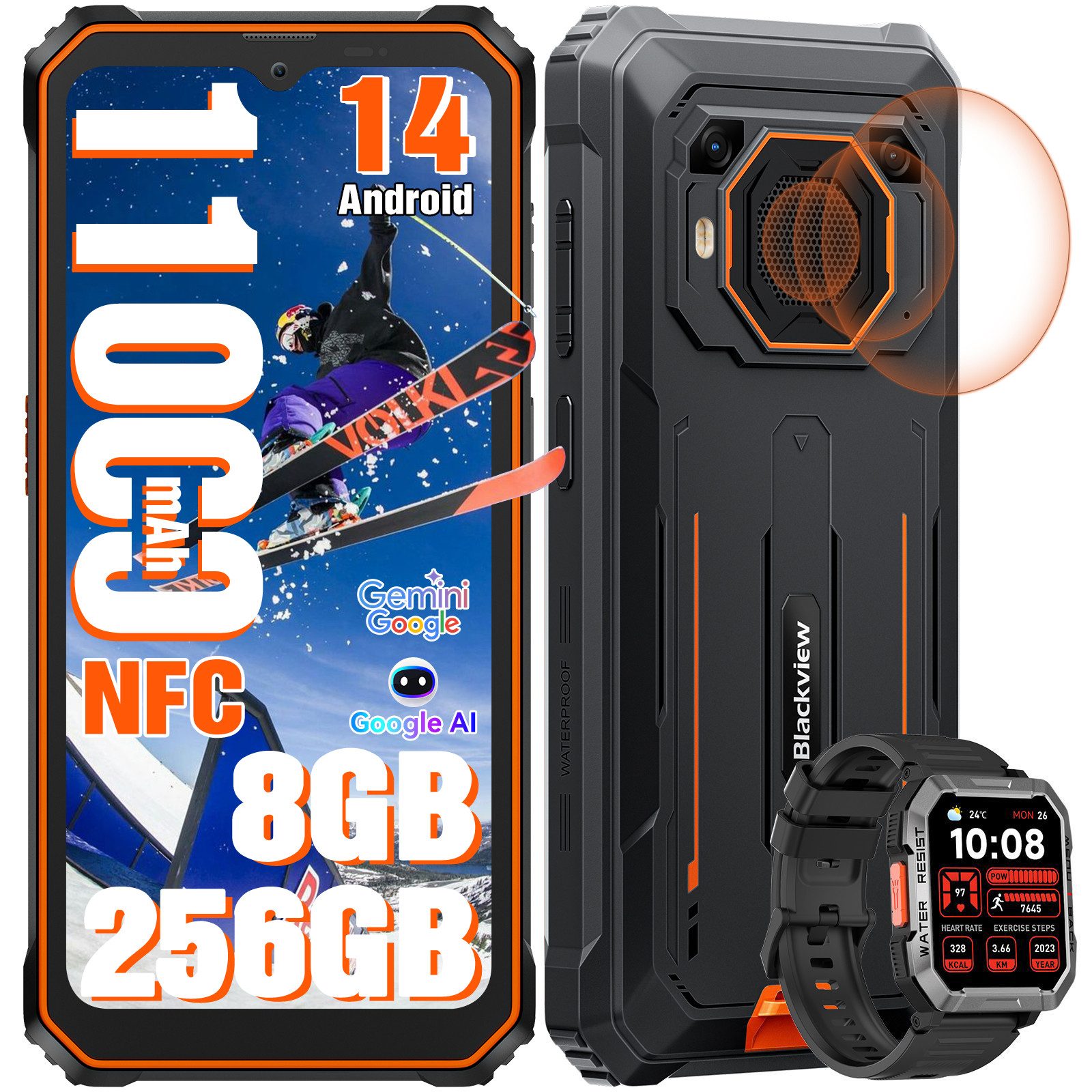 blackview BV6200Plus(8+256) mit 98dB Lautsprecher AI incl. W60 Smartphone (6.56 Zoll, 16 MP Kamera, Android 14, 4G, 11000mAh, 18 W, 98DB Lautsprecher, 90Hz, Ohne Vertrag)