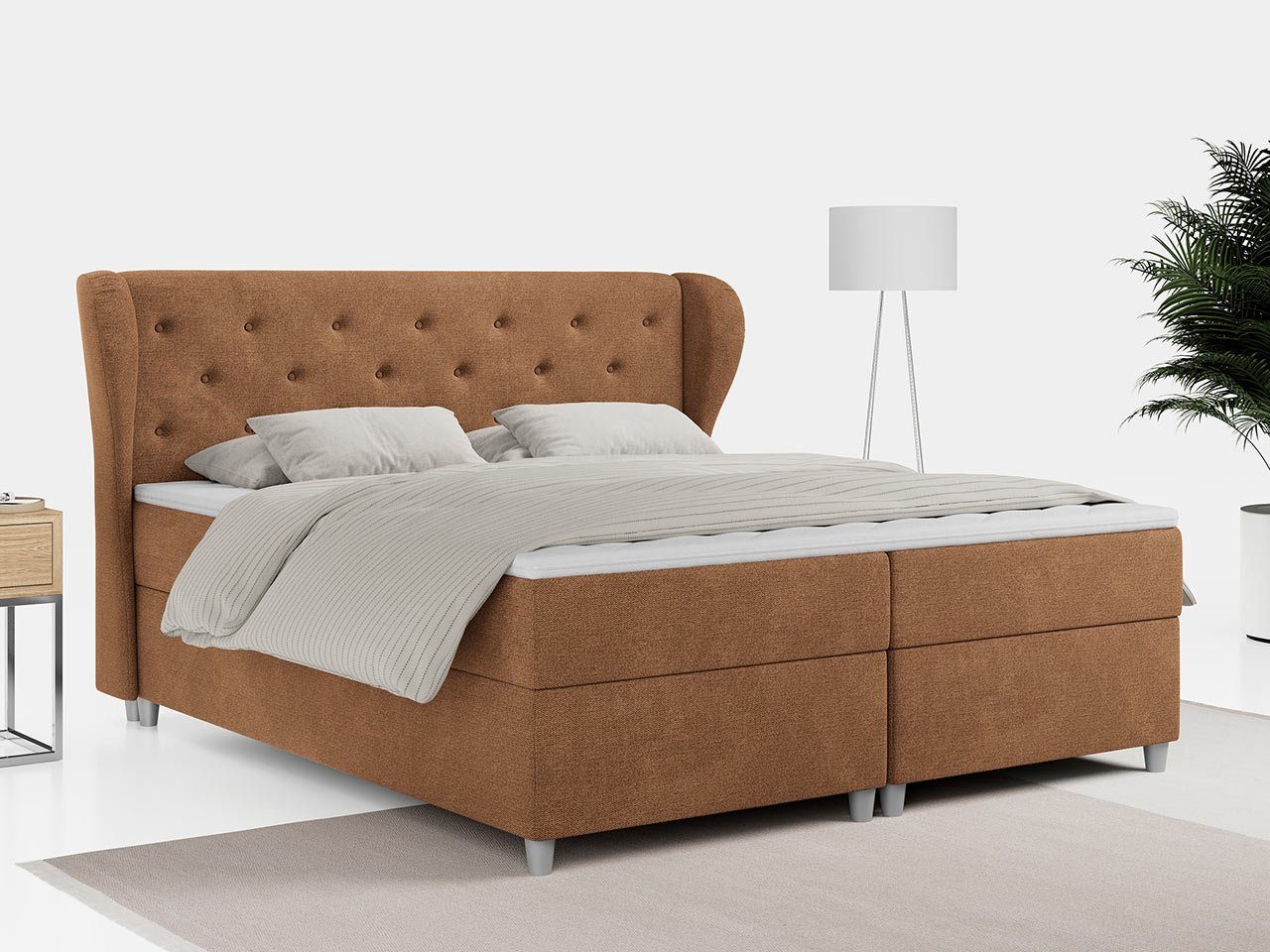 MKS MÖBEL Boxspringbett SADO, Doppelbett mit Multipocket-Matratze, gestepptes Kopfteil