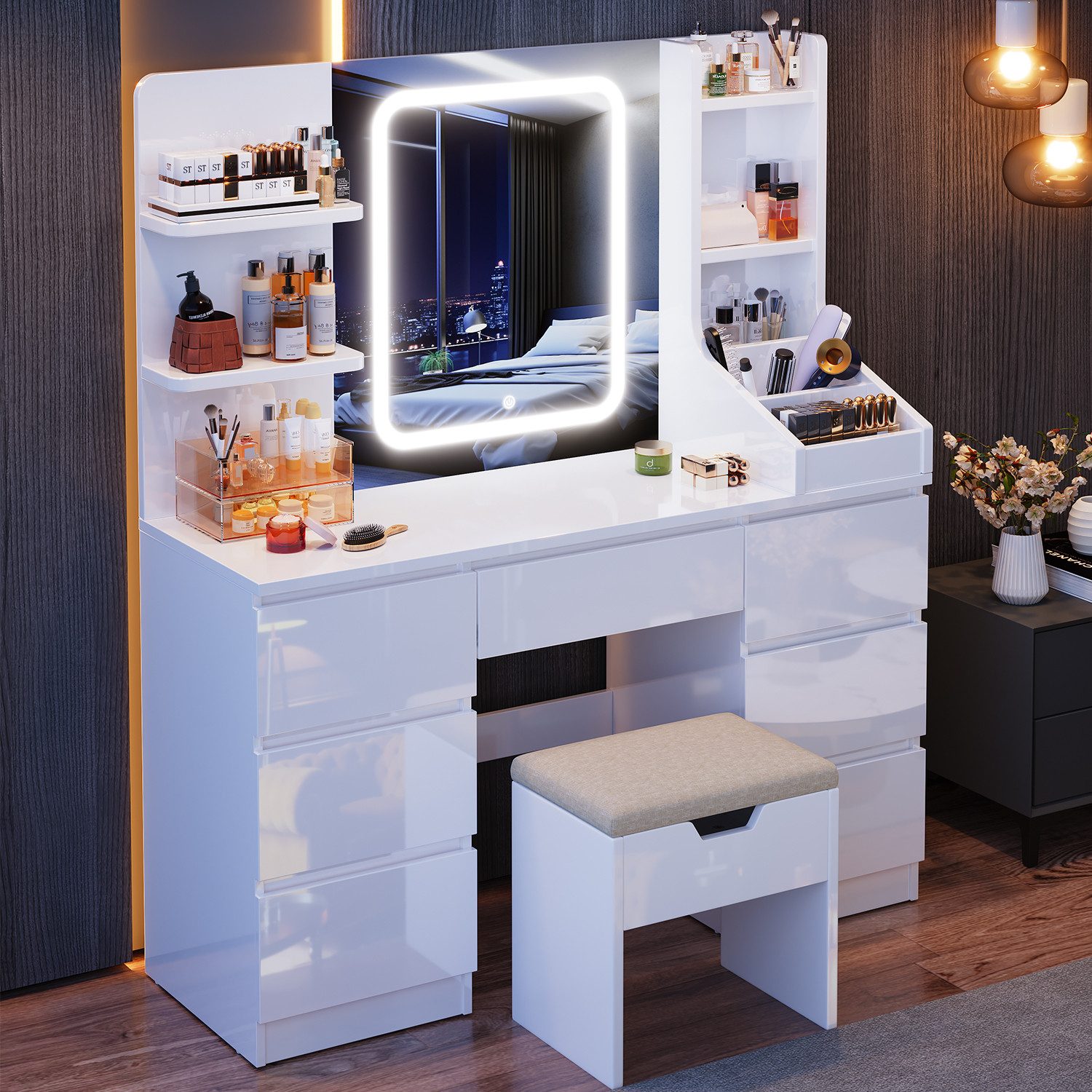 HOMALL Schminktisch Schminktisch mit Spiegel und LED Mit 7 Schubladen und 8 günstig online kaufen