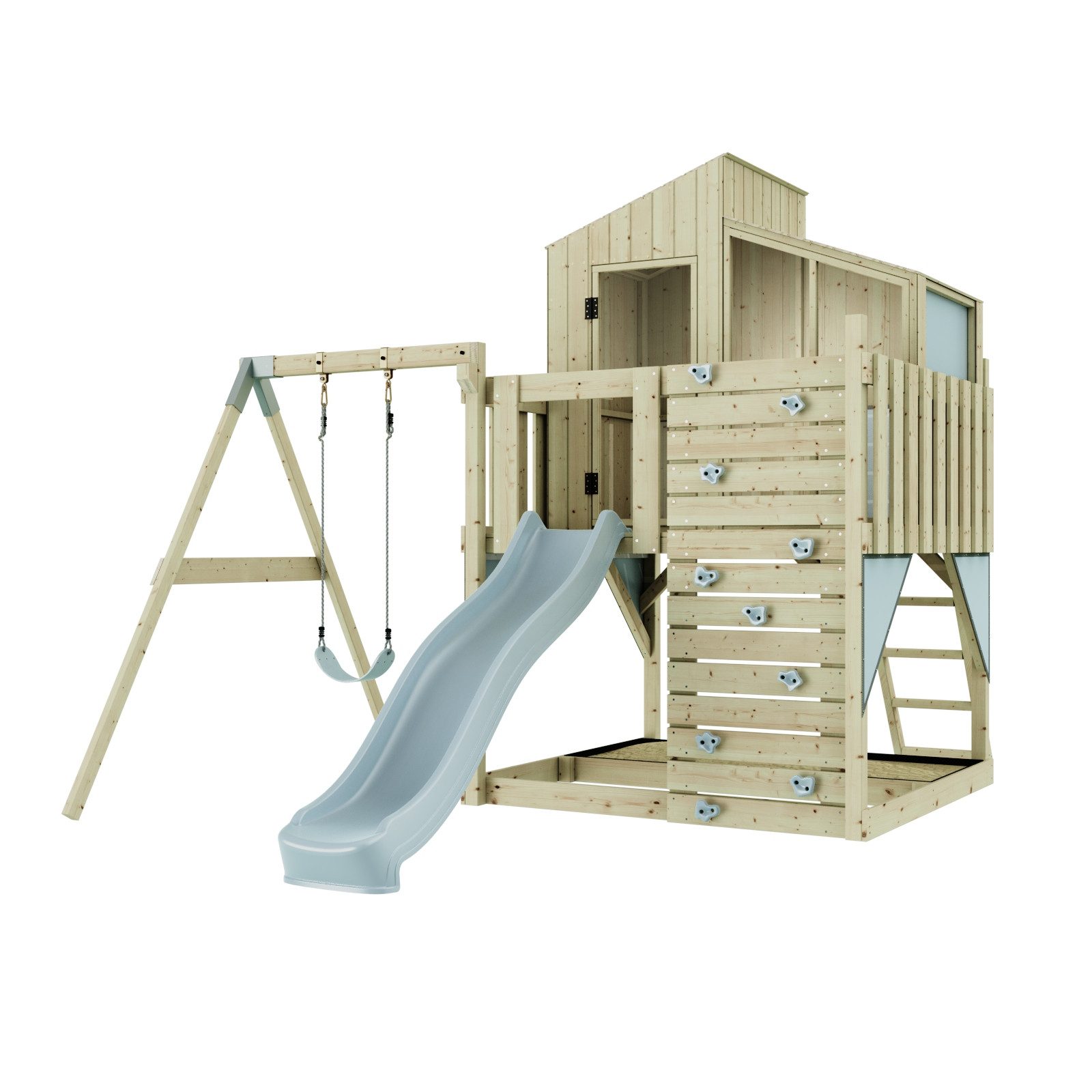 OutdoorToys Spielturm Lotta, aus Holz in Eisblau mit Kinderschaukel & Rutsche, Kletterwand