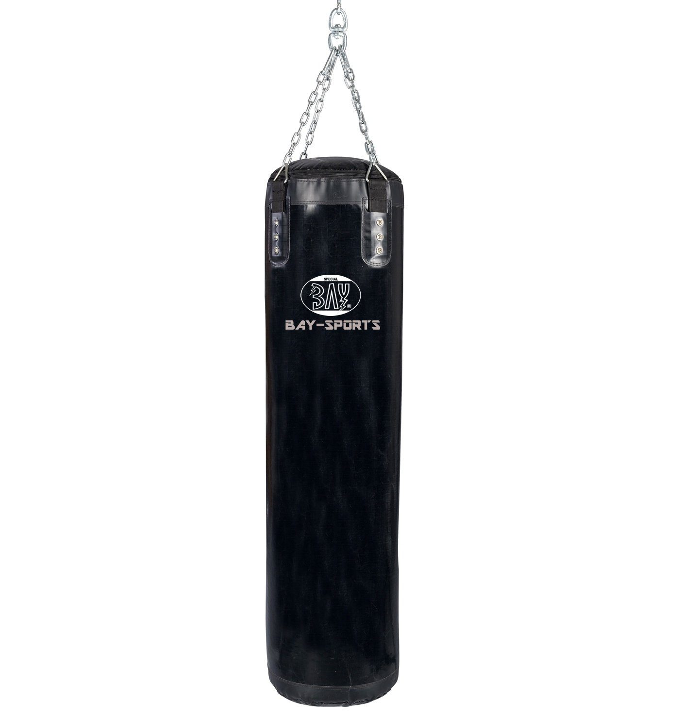 BAY-Sports Boxsack großer Profi Stahlkette Sandsack 150x35cm schwarz Kunstleder ungefüllt (schweren Vinyl mit Nylon-Gitternetzverstärkung, bis 70 kg), 4-strahlige verchromte Stahlkette, 180 x 35 cm