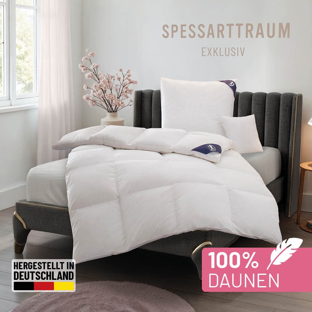 SPESSARTTRAUM Daunenbettdecke Exklusiv, Bettdecken für Sommer und Winter, Decke, Füllung: 100% Daunen, Klasse 1, Downpass zertifiziert, Bezug: 100% Baumwolle, Made in Green, Hausstauballergiker geeignet, 5 Wärmeklassen & 8 Größen, Bestseller