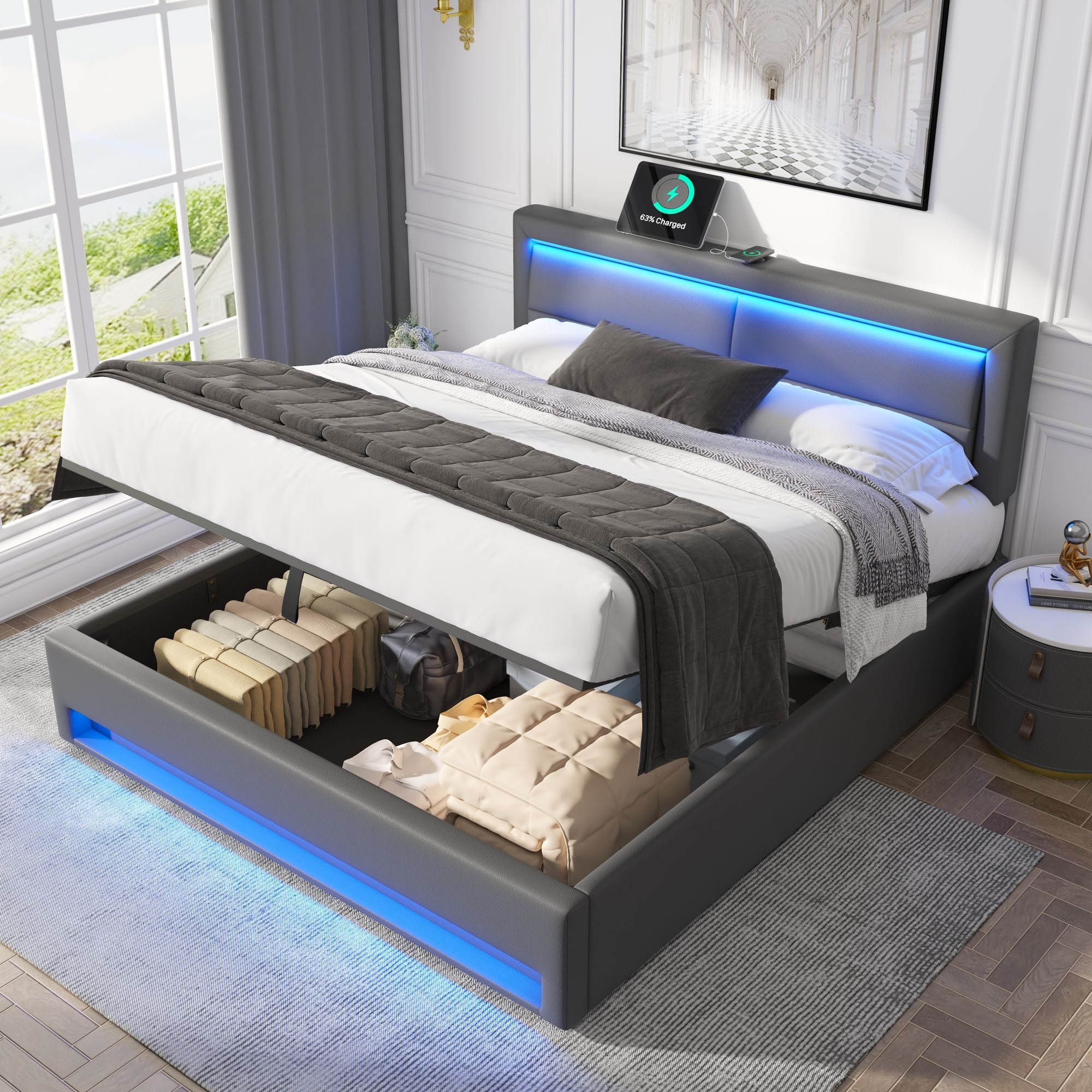 MODFU Polsterbett mit LED-Beleuchtung, USB-Anschluss und günstig online kaufen