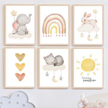 TPFLiving Kunstdruck (OHNE RAHMEN) Poster - Leinwand - Wandbild, Motive für das Kinderzimmer - Jugendzimmer - (Elefant, Hase, Katze, Regenbogen, Herz, Sonne), Farben: Beige, Gelb, Braun, Grau - Größe 13x18cm