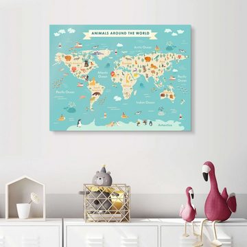 Posterlounge Acrylglasbild Kidz Collection, Weltkarte mit Tieren (englisch), Wohnzimmer Maritim Kindermotive