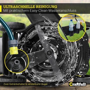 Craftfull Benzinrasenmäher 5in1 Benzinrasenmäher CR-139-20 inkl. Radantrieb - 139 cc, 46 cm Schnittbreite, (Rasenmäher Benzin inkl. Getränkehalter, Schnitthöhe in 8 Stufen verstellbar - Euro-5-Norm), 3,2kW - GT-Leichtlaufgetriebe - Easy Clean Funktion - 62l Fangsack