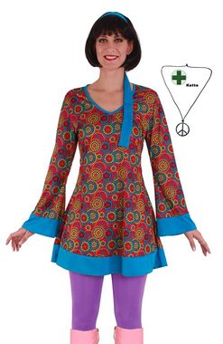 Karneval-Klamotten Hippie-Kostüm Damenkostüm Flower Power mit Peace Kette, Kleid türkis-bunt, V-Ausschnitt, mit Haarband und Halskette