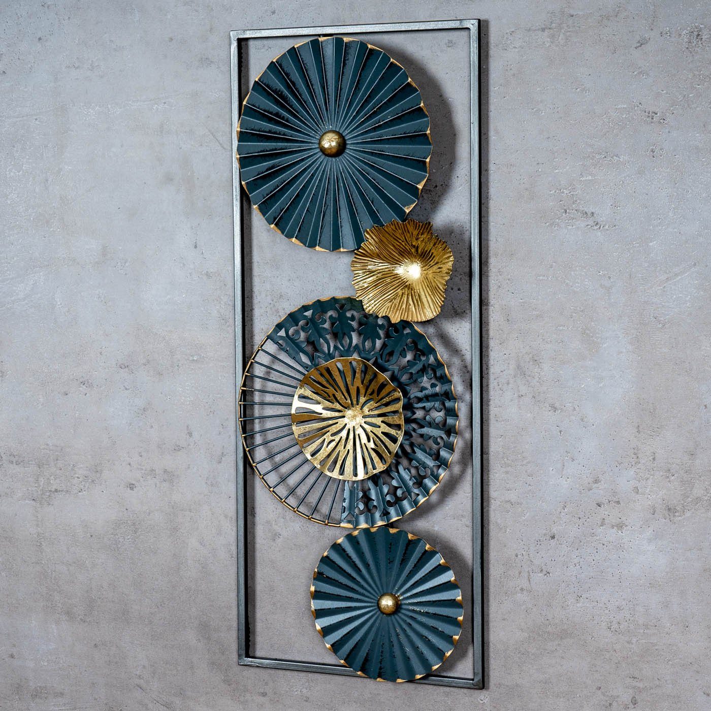 Levandeo® Metallbild, 3D Wandbild H60cm Ringe Metall Blau Schwarz Gold Deko günstig online kaufen
