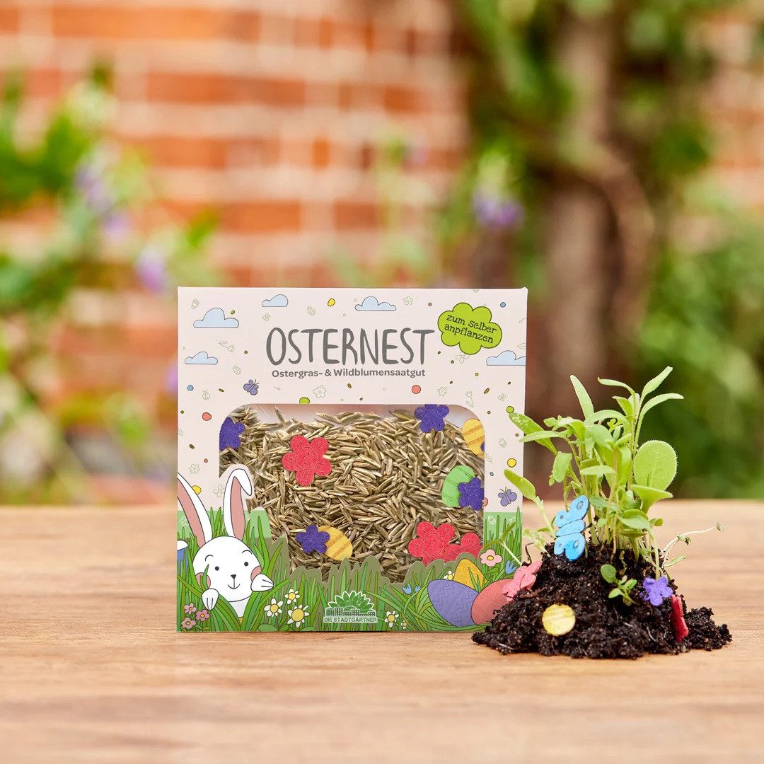 Die Stadtgärtner Osternest Ostergras-Konfetti, Saatgut für Ostergras mit bunten Saatpapier-Hasen, Nachhaltiges Ostergeschenk mit Ostergras-Saatgut