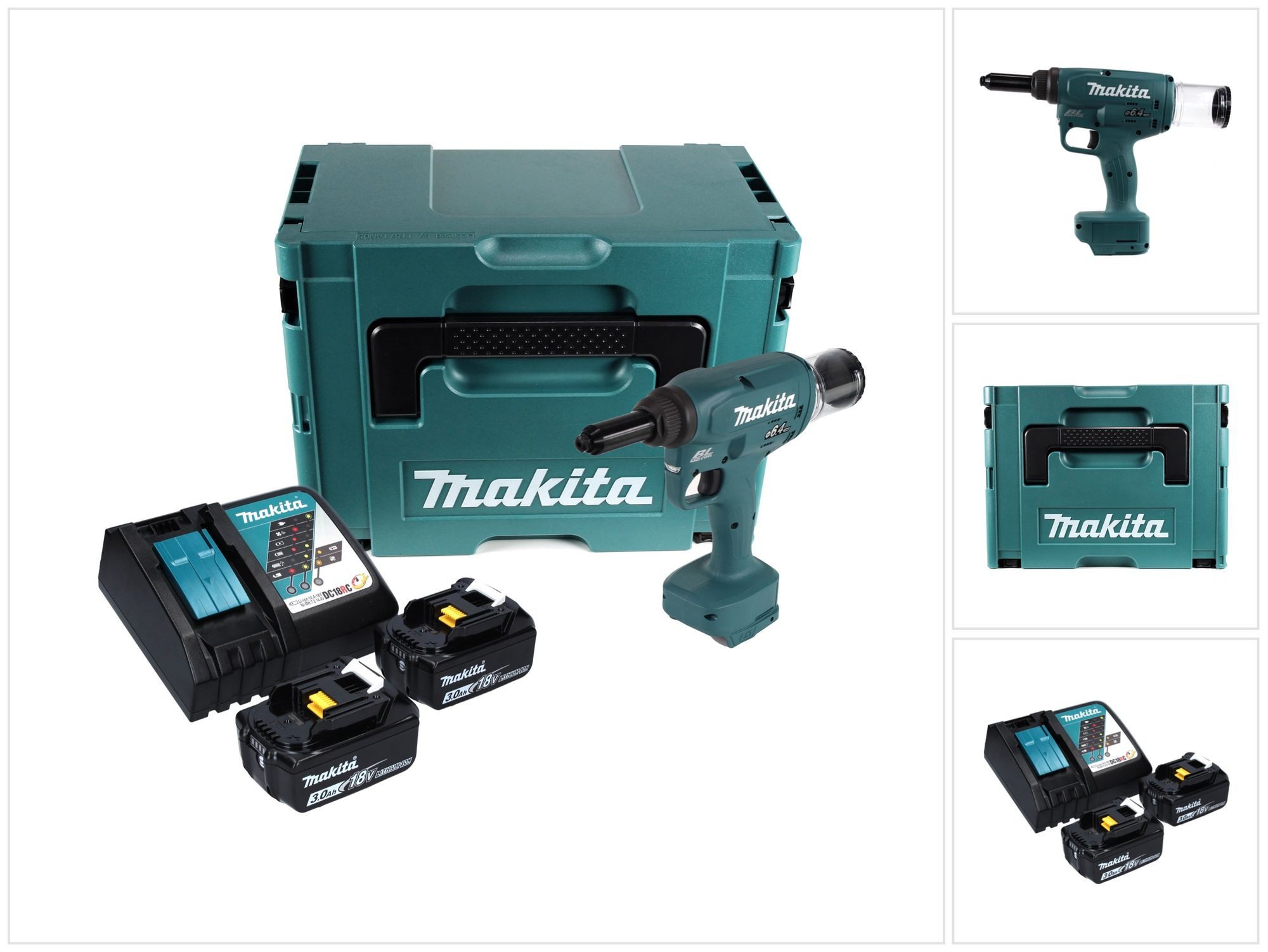 Makita Blindnietzange DRV 250 RFJ Akku Blindnietsetzgerät 18 V 20 kN Brushless + 2x Akku