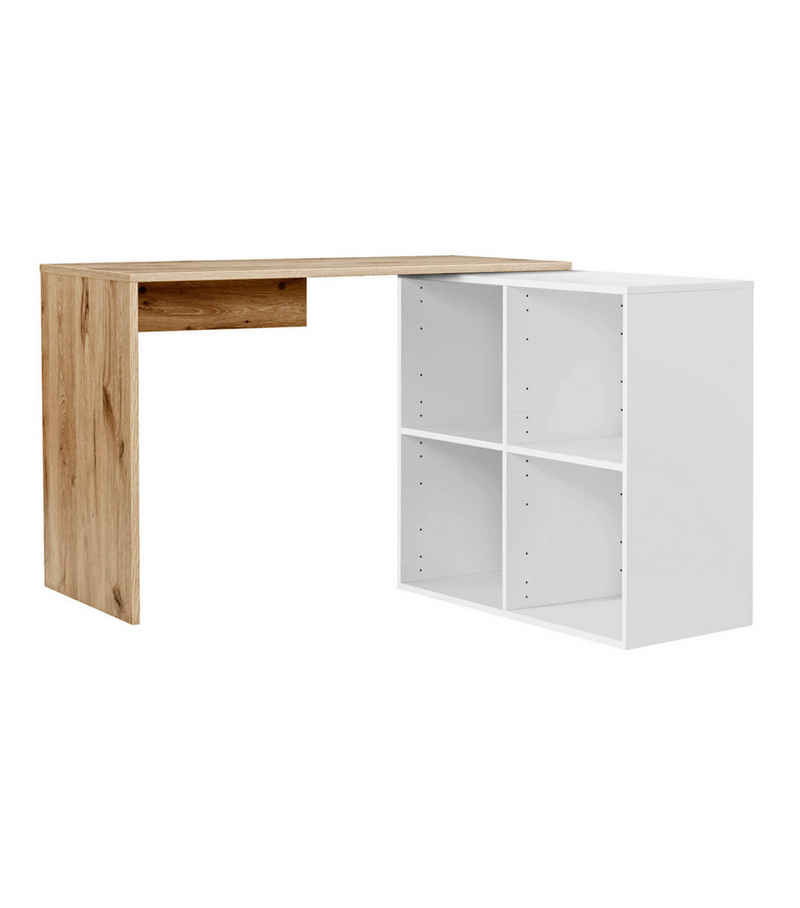 mokebo Eckschreibtisch Der Produktive (mit 4 offenen Fächern), PC Tisch klein in Eiche/Weiß, auch als Arbeitstisch mit Stauraum