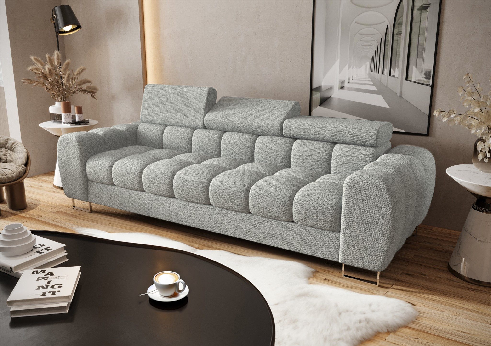Fun Möbel 3-Sitzer Designersofa Sofa BASTIEN in Stoff, mit 3 einstellbaren Kopfstützen, Rundumbezug