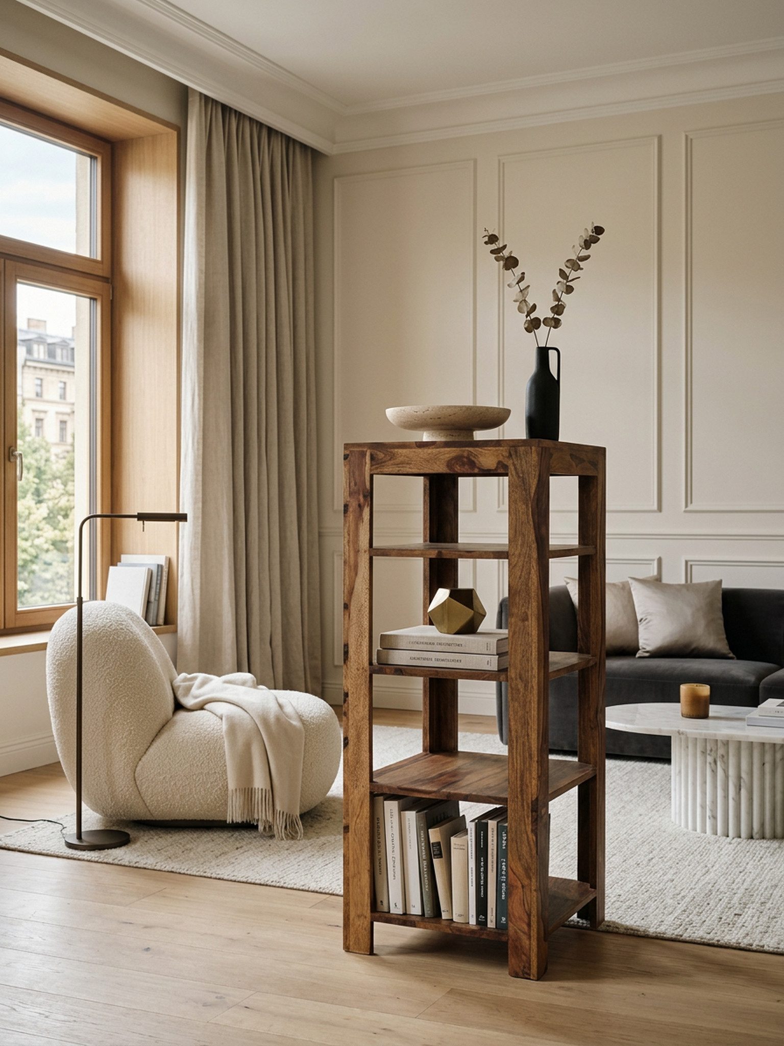 KADIMA DESIGN Standregal Standregal MUMBAI Massiv-Holz 105 cm Wohnzimmer-Regal mit 4 Böden, Ablagefächer Design Landhaus-Stil Beistelltisch