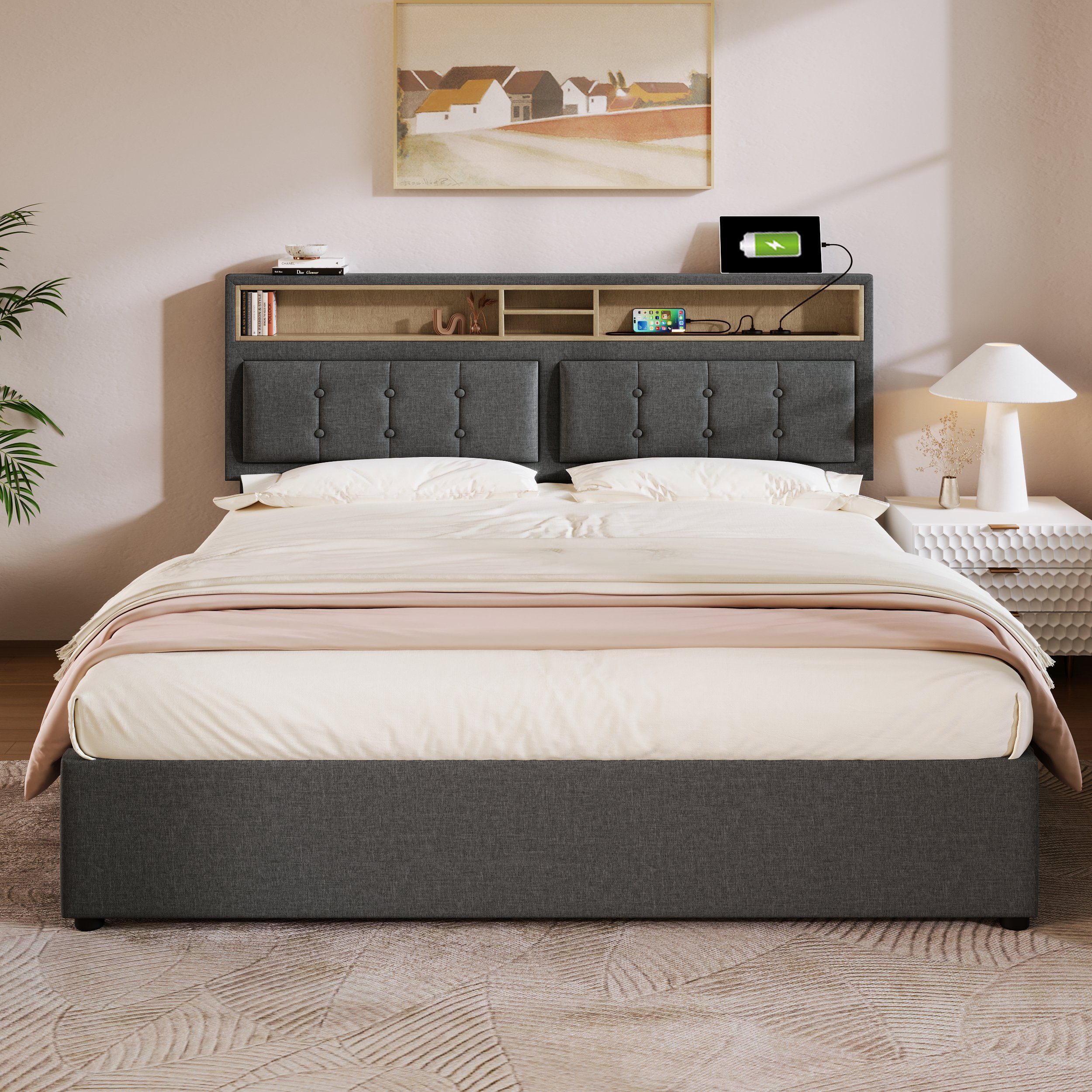 Polsterbett (Doppelbett mit Lattenrost und 4 Schubladen), Stauraumbett 160x200cm mit USB Typ C Ladefunktion Kopfteil, Leinen