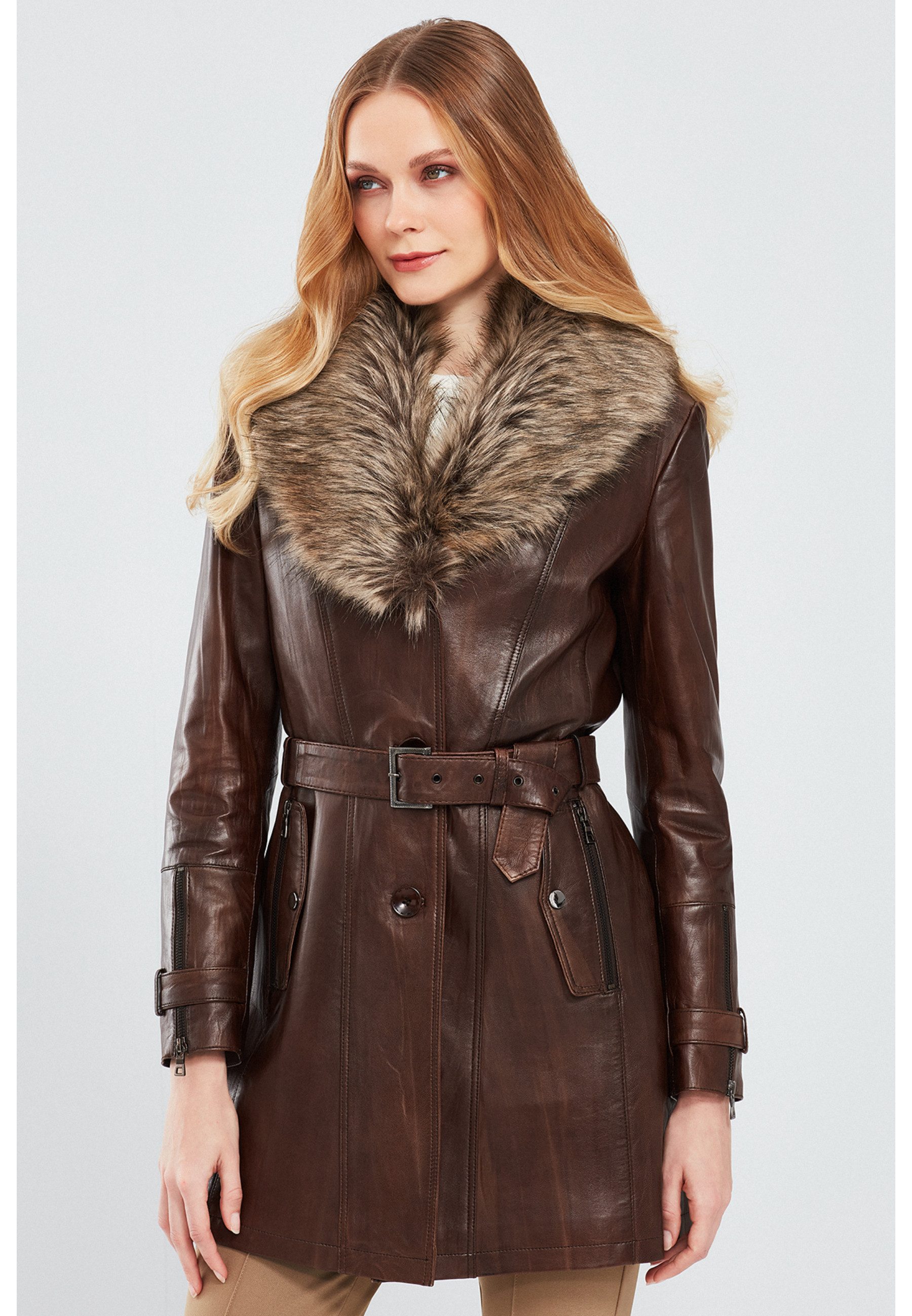 Derimod Lederjacke Rhoda Ledertrenchcoat mit Kunstfell