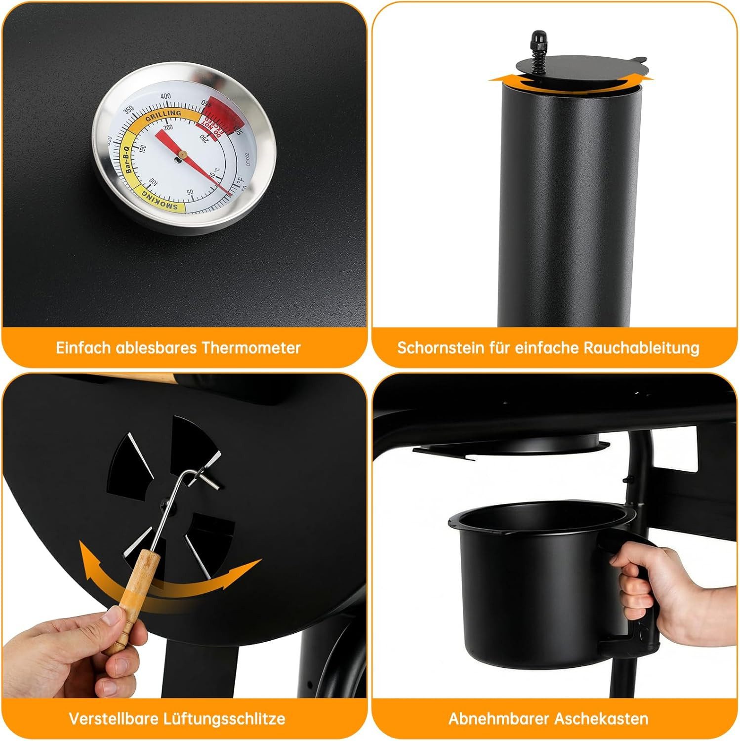 TLGREEN Holzkohlegrill BBQ Smoker mit Schornstein & Thermometer, Gartengrill mit abnehmbarem Aschekasten, klappbaren Ablagen und Rädern, Grillwagen, Holzkohle Grill für Garten, Terrasse, Camping, Grillpartys für 6–8 Personen