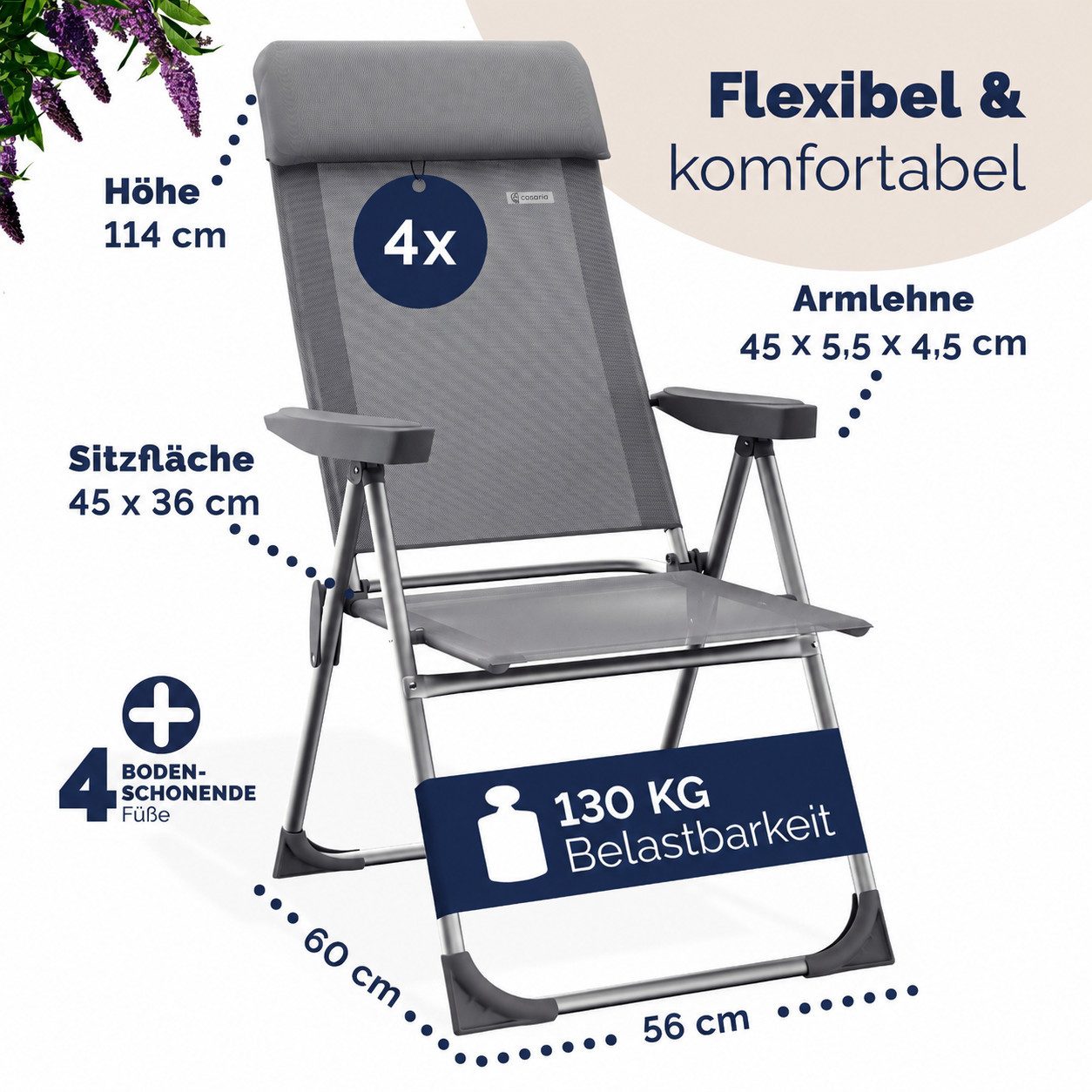 Casaria Gartenstuhl (4 St), Klappbar 4er Set 7-fach Verstellbar Alu mit hoher Rückenlehne