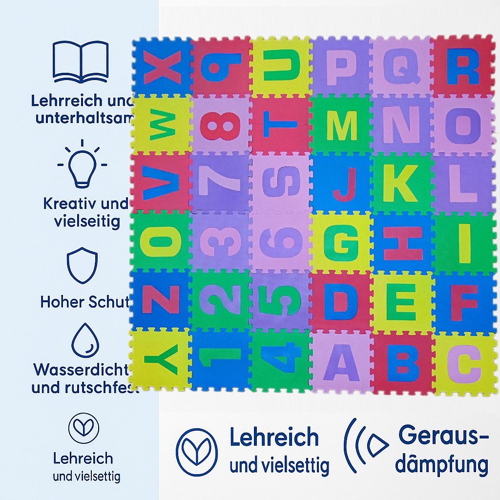 Dynasun Puzzlematte Puzzle 180x180, (1-tlg), 86 Teile (36 Plättchen) aus Gummi mit Buchstaben und Zahlen Riesig