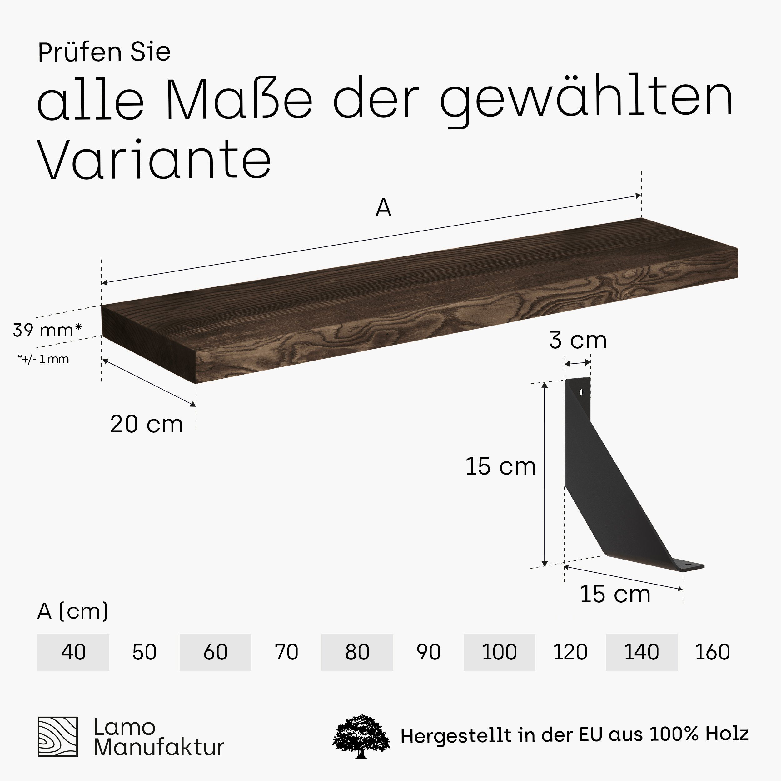 Massivholzplatte LAMO stake Wandregal 40mm Vintage, Komplett-Set, Manufaktur Schwarz