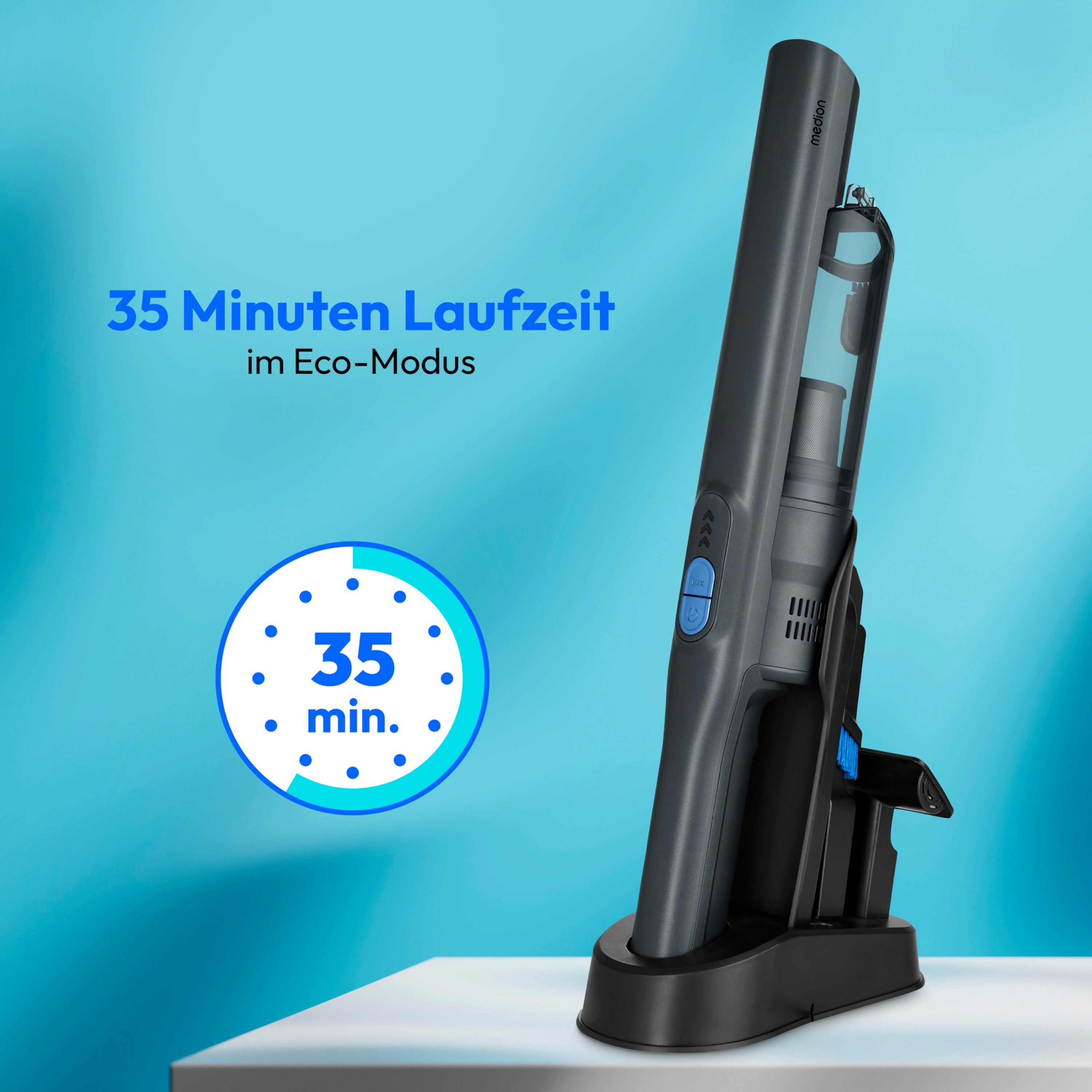 Medion® Handstaubsauger mit Saugrohr und Bodenbürste 2in1 (MD11515), 200 W, beutellos, Akku, kabellos, fürs Auto, HEPA-13-Filter, mit Ladestation