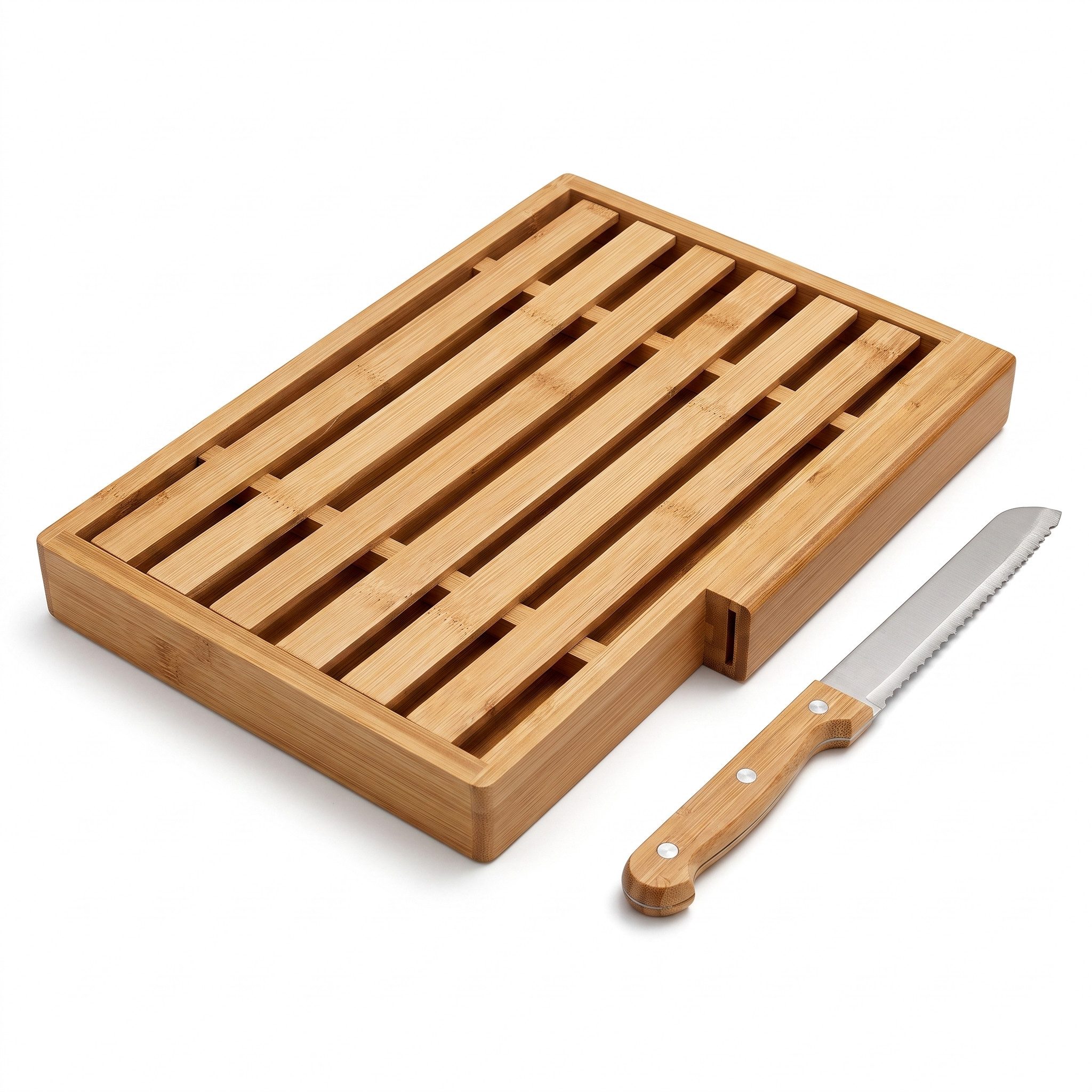hausleben Brotschneidebrett mit Messer, 33,5x21,5x3,5 cm, Bambus, (Brotschneidebrett-Set, 1-St., 1-teiliges Set, Inklusive Edelstahl-Brotmesser), Perfekte Schneideunterlage für Brot & Brötchen