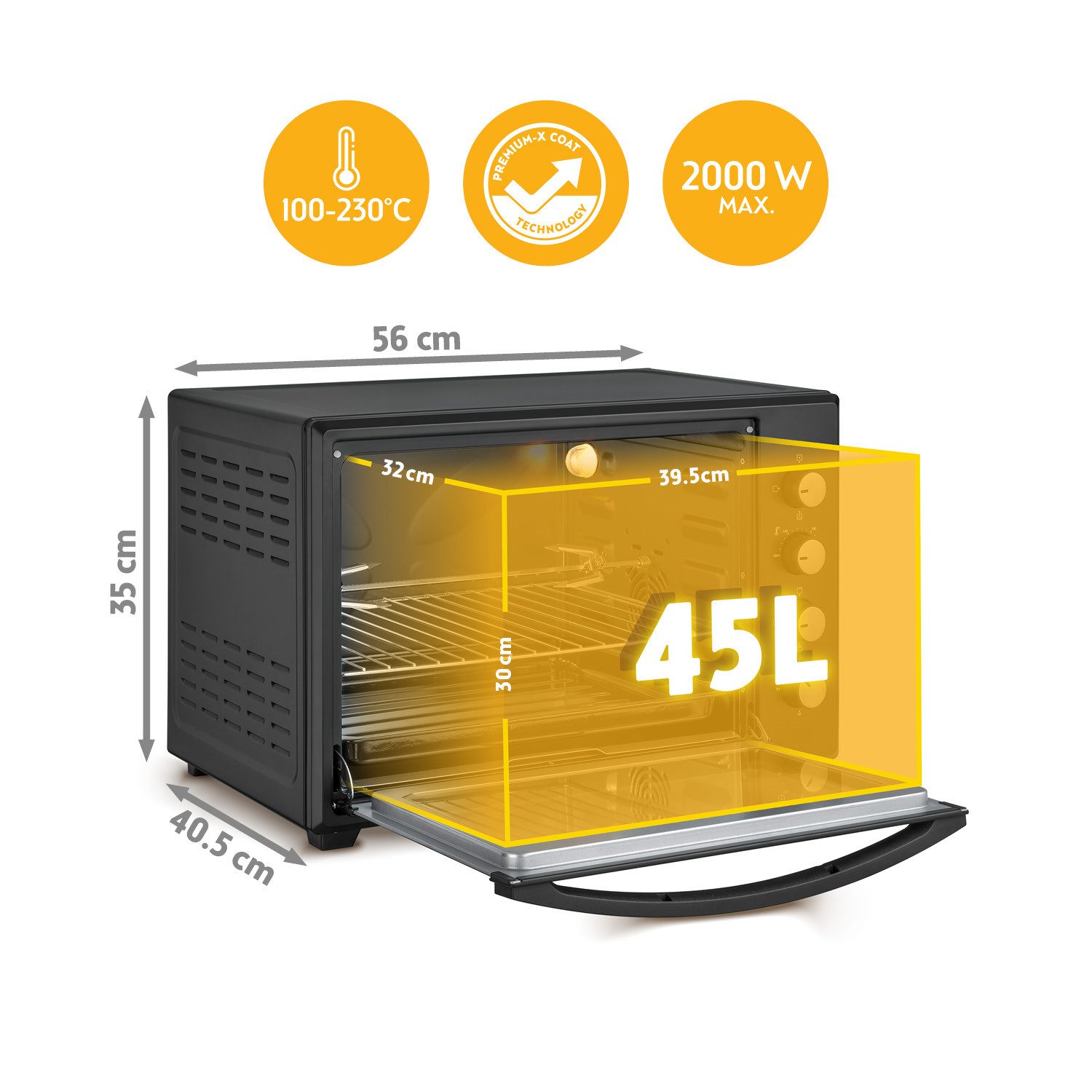 TZS FIRST AUSTRIA Minibackofen 45L 2000W, Premium-X Coating, stufenlose Temperaturregelung bis 230°C, 60 Min Timer, 4 Einschubhöhen, Doppelglastür, Umluftfunktion