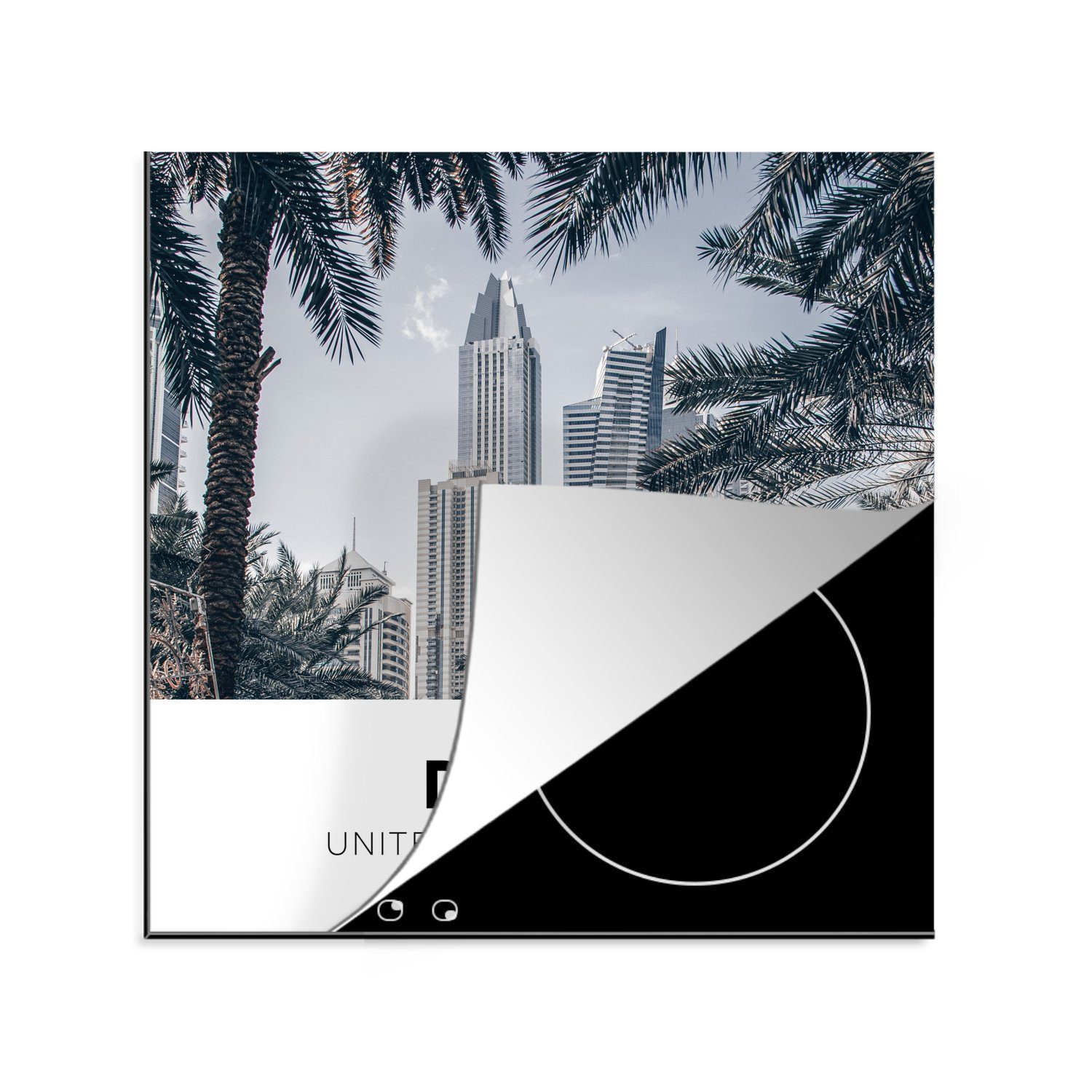 MuchoWow Herdblende-/Abdeckplatte Dubai - Palme - Wolkenkratzer, Vinyl, (1 tlg), 78x78 cm, Ceranfeldabdeckung, Arbeitsplatte für küche