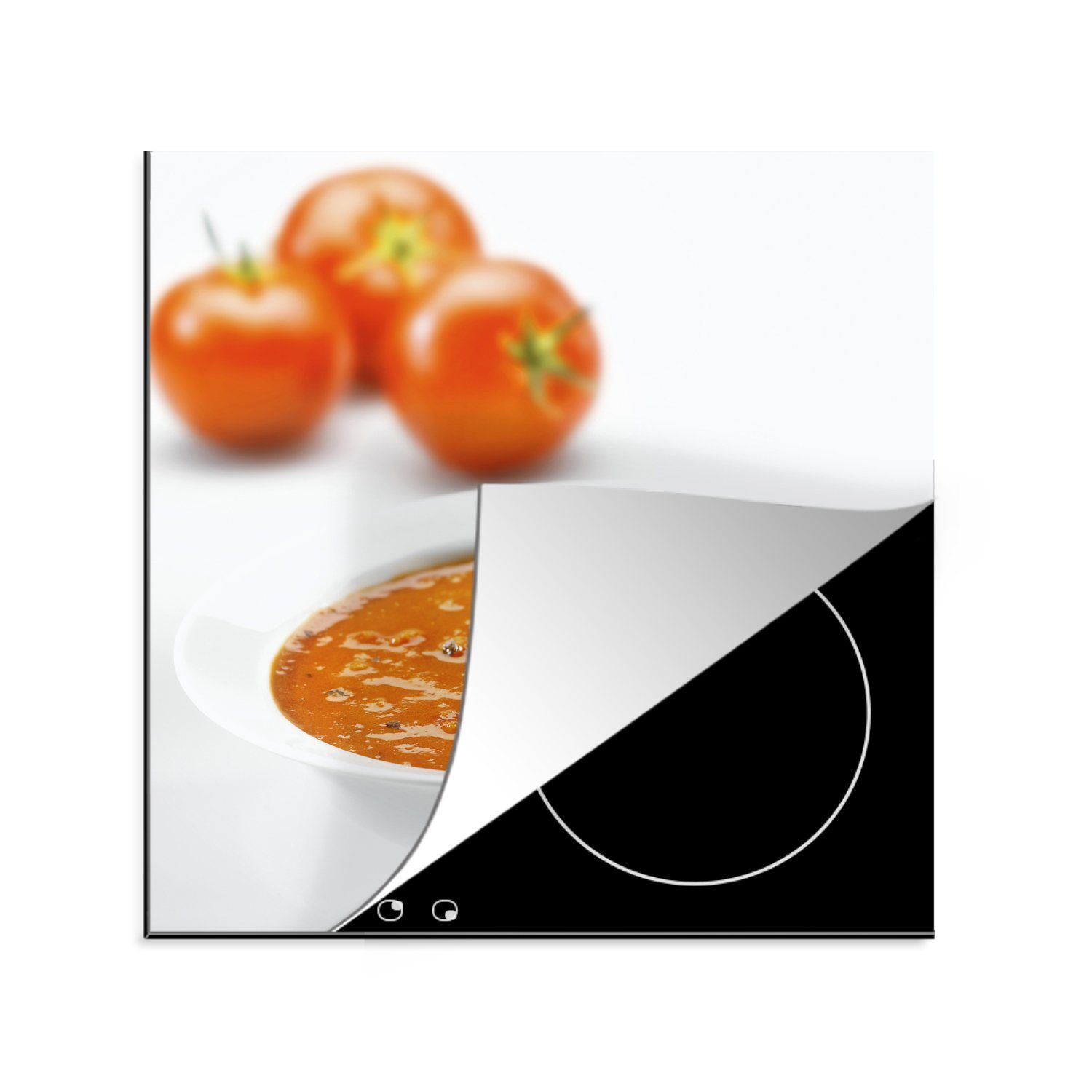 MuchoWow Herdblende-/Abdeckplatte Frische Tomaten in der Tomatensuppe, Vinyl, (1 tlg), 78x78 cm, Ceranfeldabdeckung, Arbeitsplatte für küche