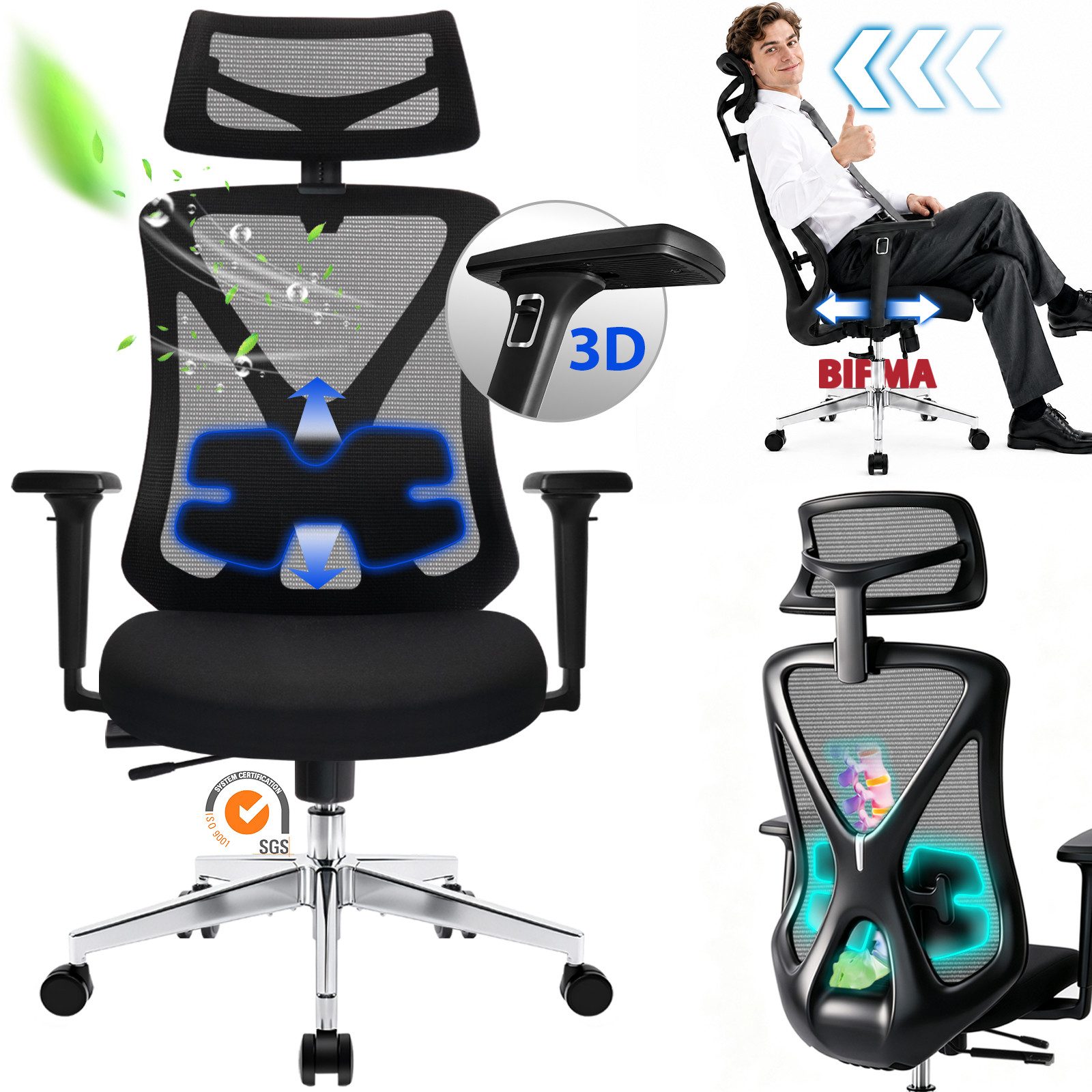 Hoolamyie Bürostuhl, Ergonomischer Schreibtischstuhl 200 kg, individuell anpassbar (Drehstuhl mit 4D-Lordosenstütze, 3D-Armlehnen, extra großer, verstellbarer Kopfstütze, Sitztiefenverstellung, atmungsaktiver Mesh-Rückenlehne, hochelastischem und druckentlastendem Sitzpolster sowie 3-fach arretierbarer Rückenlehne bei 90°, 115° und 135), Ergonomischer Bürostuhl und Netzstuhl für Homeoffice & Büro