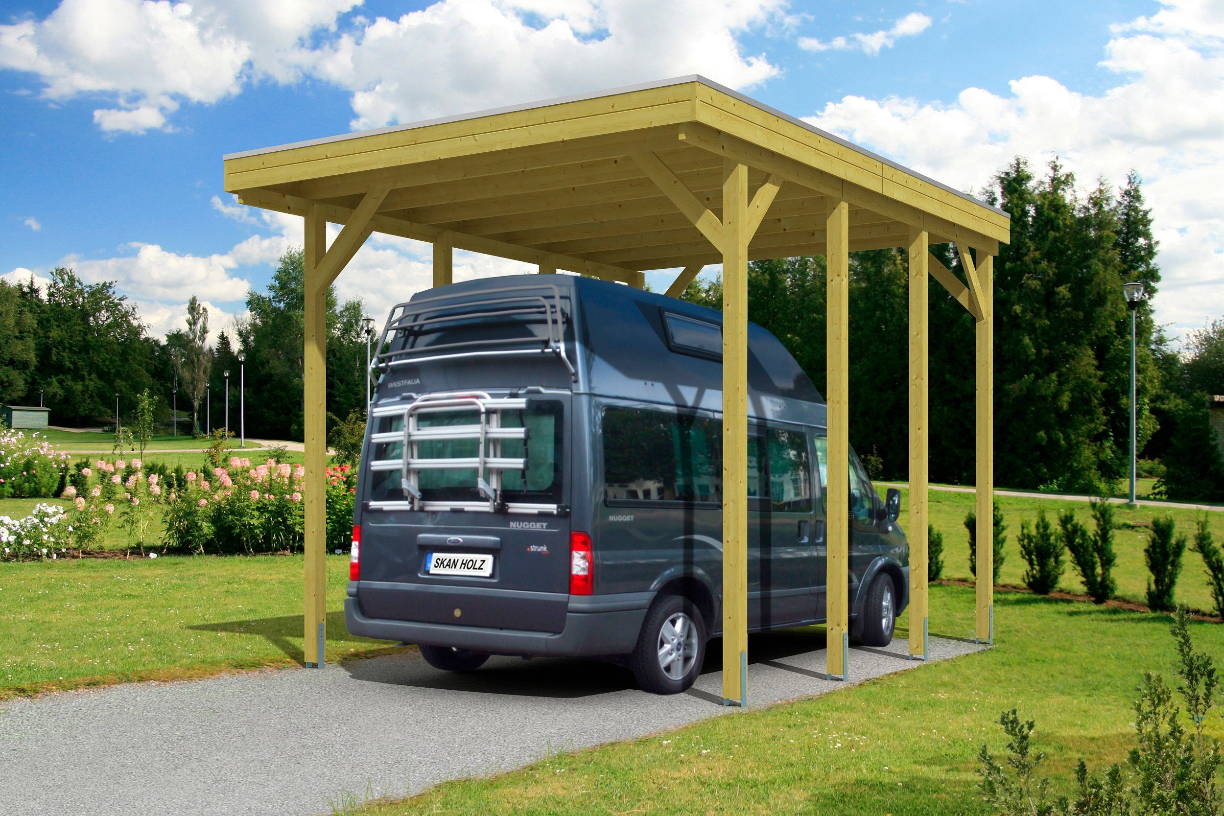 Skanholz Einzelcarport Friesland, BxT: 397x555 cm, 351 cm Einfahrtshöhe,  für Caravan, Pfosten 11,5 cm, inkl. H-Pfostenanker