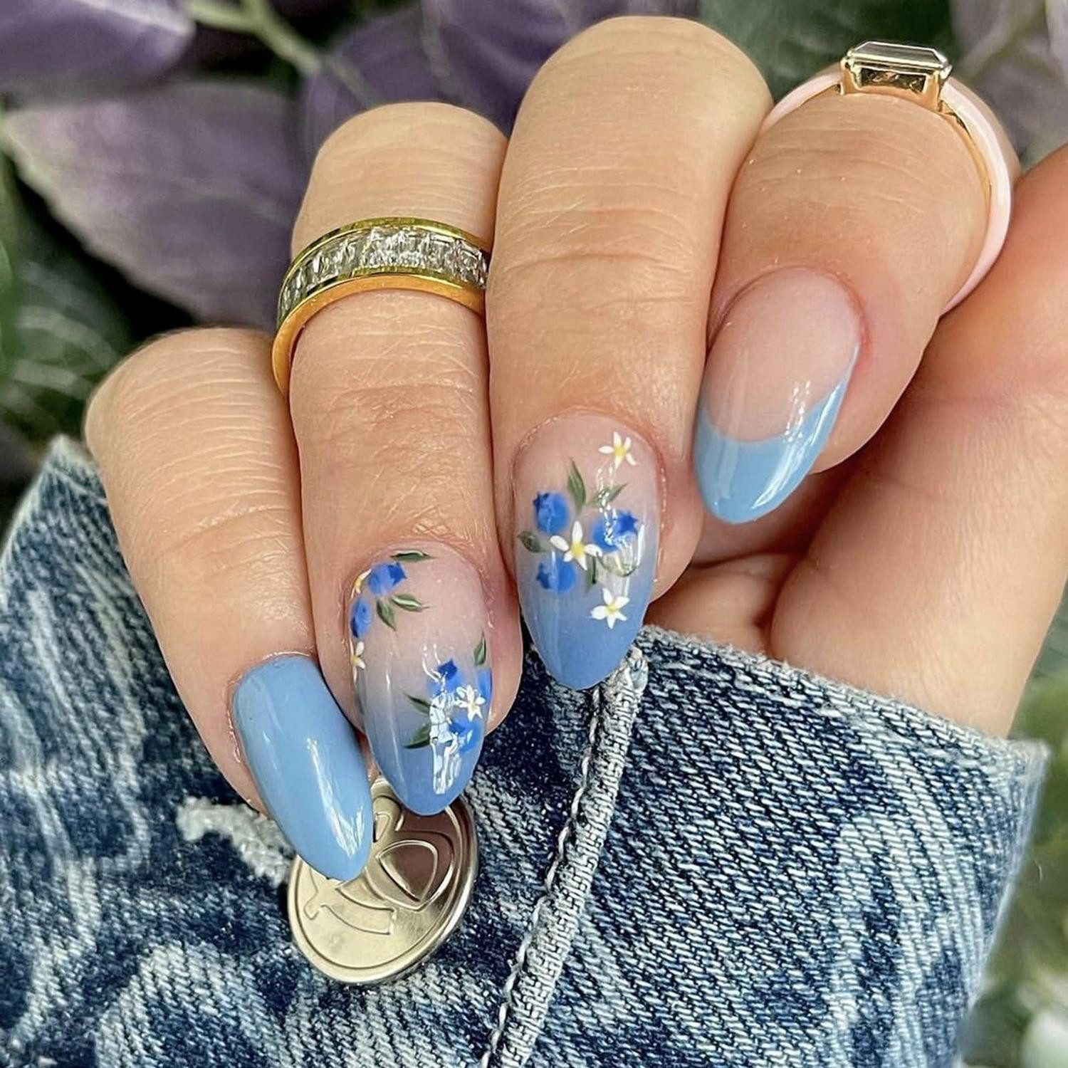 LuxusKollektion Kunstfingernägel Kunstnägel Mandel Französisch Blau Blumen 24 Stück, 24-tlg.