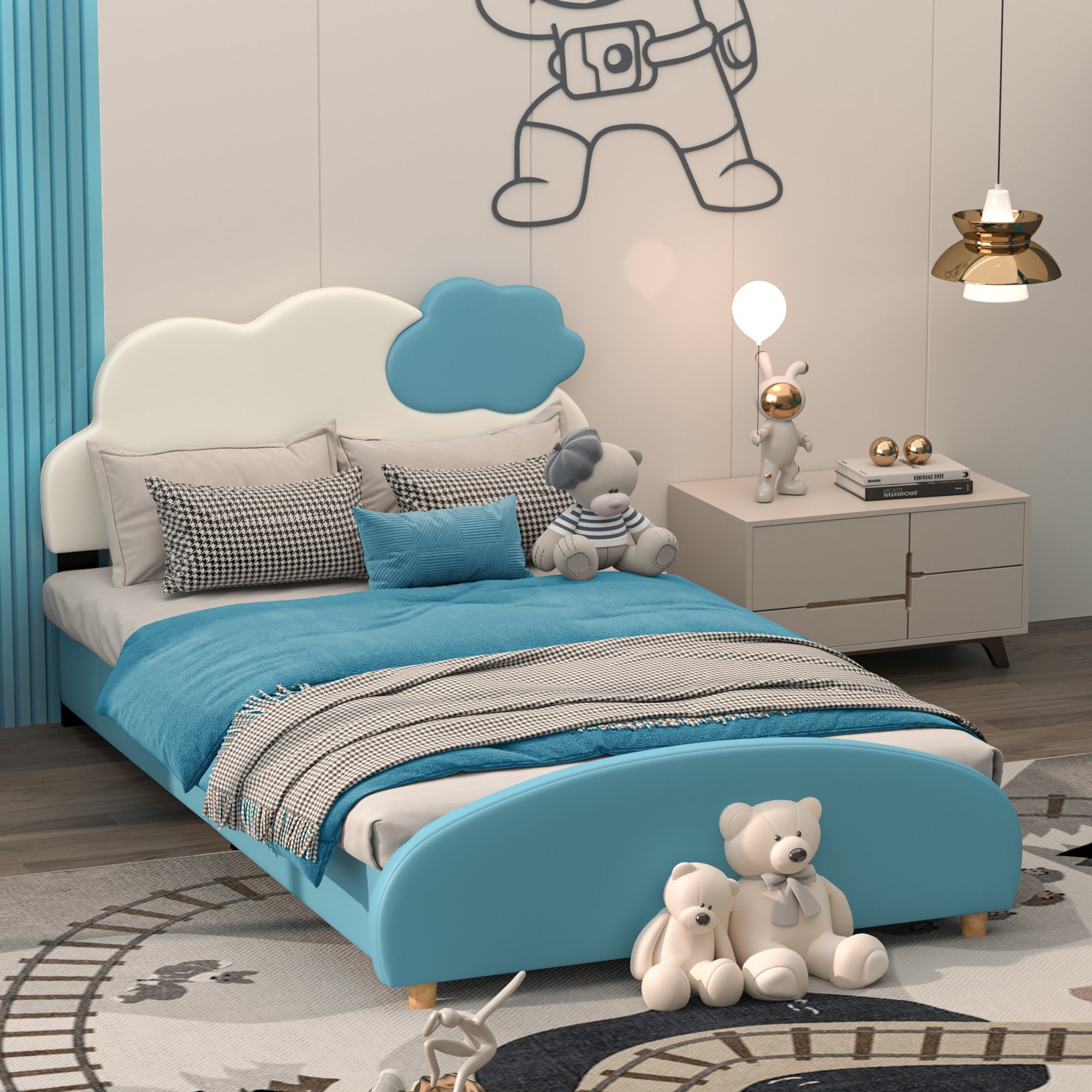 Flieks Polsterbett, Einzelbett Kinderbett Wolkenkopfteil 90x200cm Kunstleder