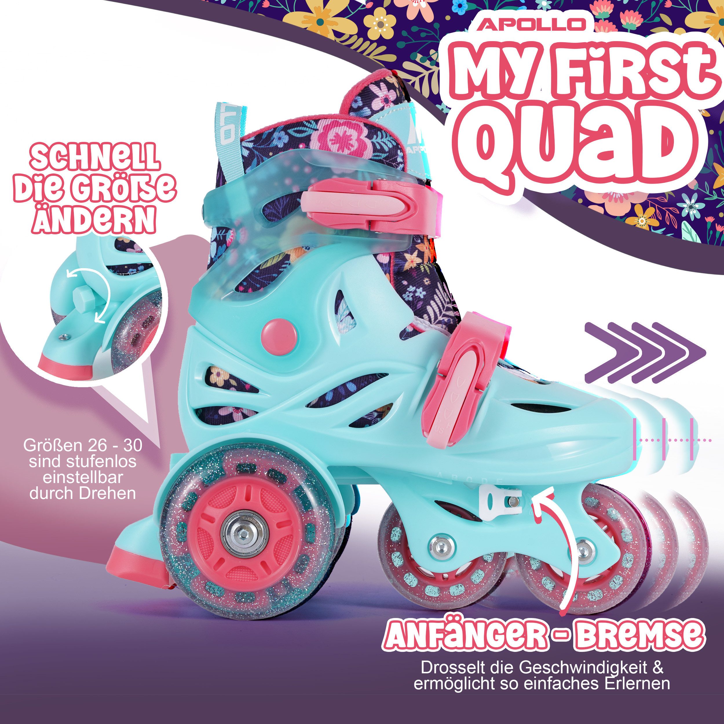 Apollo Rollschuhe Verstellbare Hybrid-Rollschuhe Kinder, Größe 26-30, ideal für Anfänger, mit LED-Rollen, stabil & farbenfroh