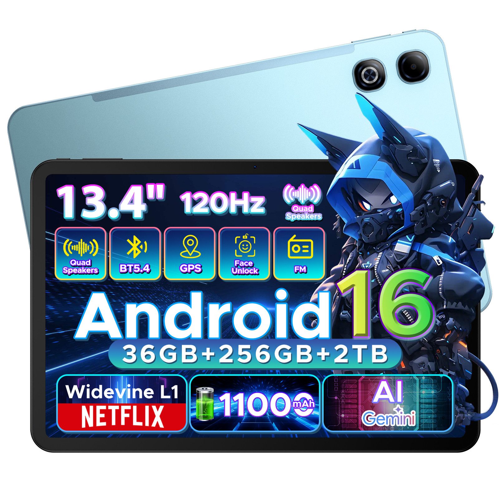 DOOGEE U13Pro Android 16 Tablet 13 Zoll, 11000mAh, 120HZ, 256GB ROM, 5G WiFi Tablet (13.4", 256 GB, Android 16, Wifi, 36GB RAM (6+30GB erweitert), Gemini AI, 13MP, Widevine L1/Face ID/GPS)