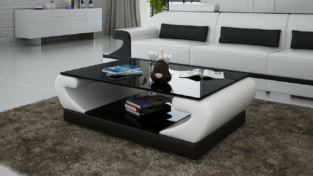 JVmoebel Couchtisch Tische Couchtisch Leder Farbe Couch Tisch Glastisch Beistell Design Weiß/Schwarz