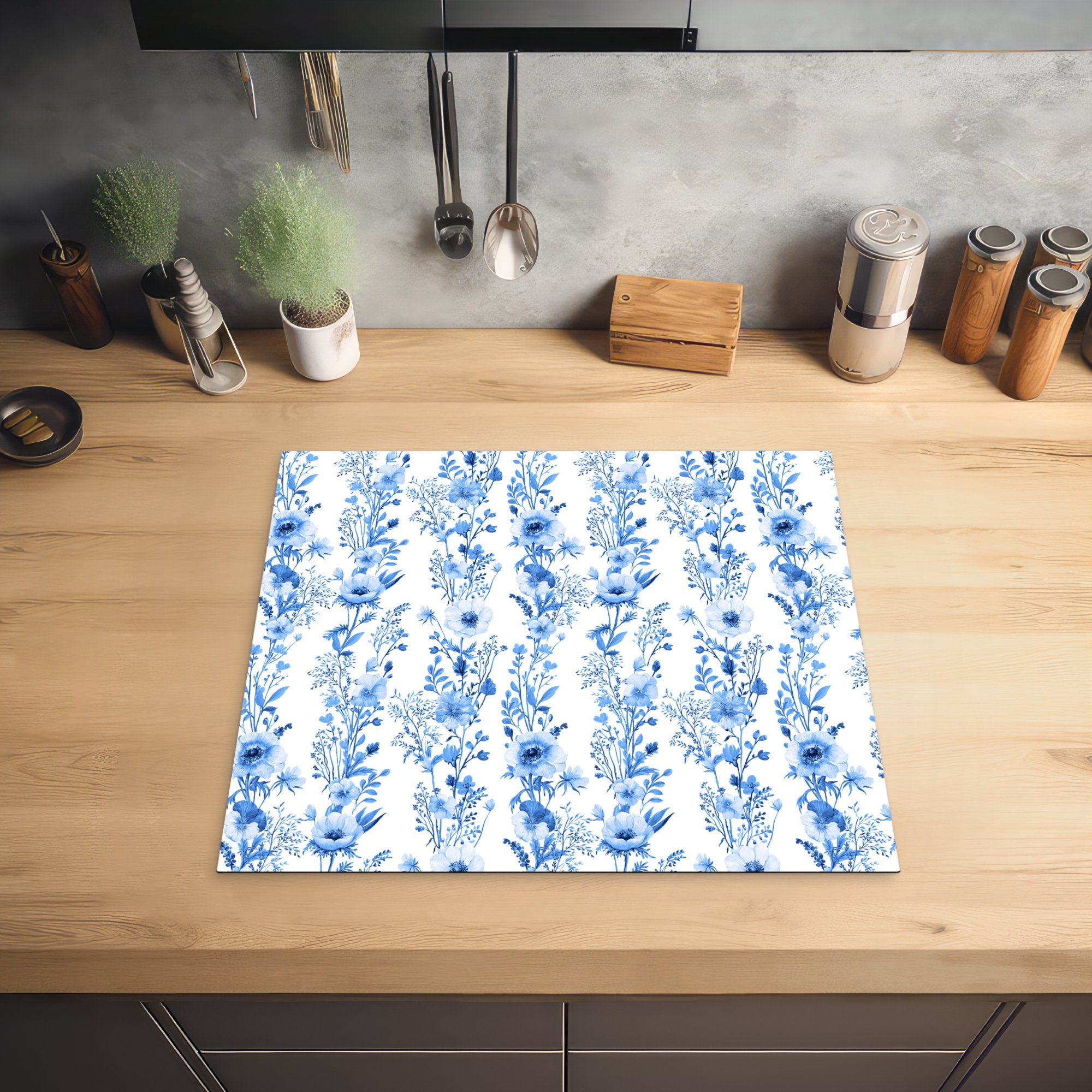 MuchoWow Herdblende-/Abdeckplatte Blumen - - Anemone küche, tlg), (1 cm, die Induktionsmatte 59x52 Muster, Blau für Vinyl, Ceranfeldabdeckung 