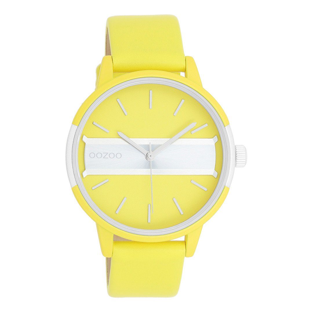 OOZOO Quarzuhr Oozoo Damen Armbanduhr Timepieces Analog, Damenuhr rund,  groß (ca. 42mm) Lederarmband, Fashion-Style, Zifferblatt gelb mit  silberfarbener Applikation