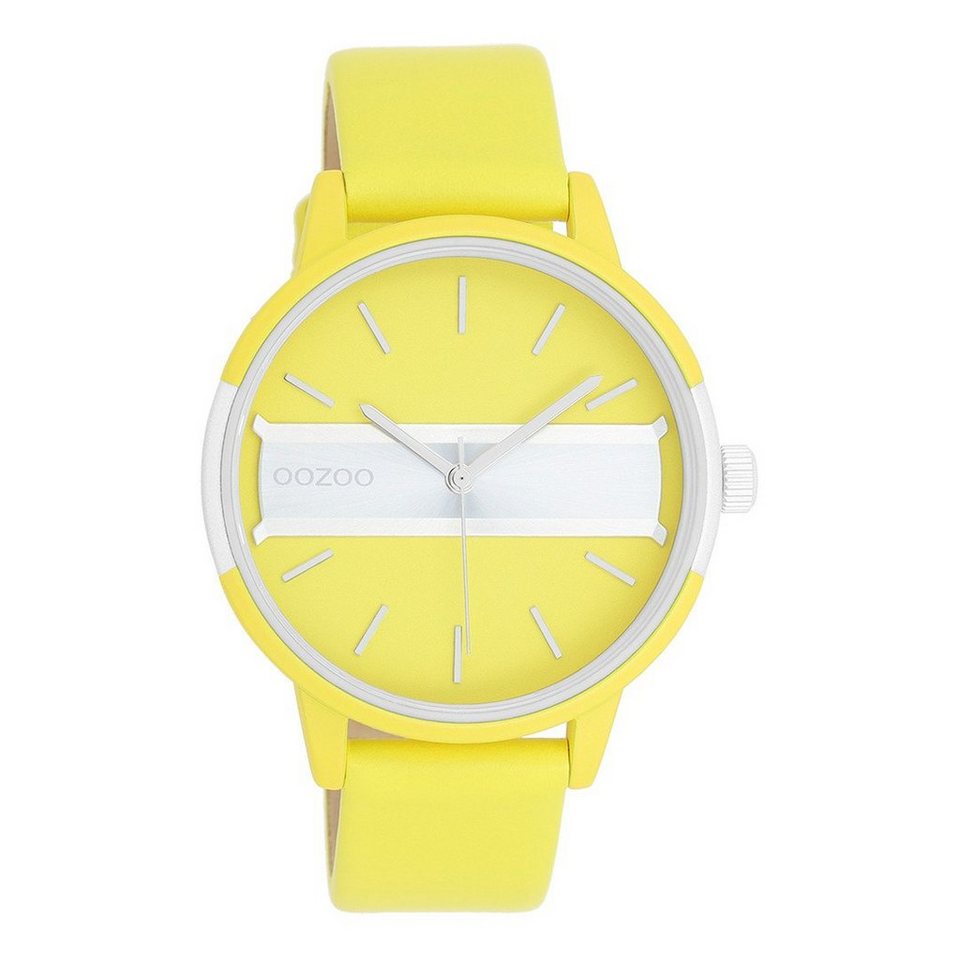 OOZOO Quarzuhr Oozoo Damen Armbanduhr Timepieces Analog, Damenuhr rund,  groß (ca. 42mm) Lederarmband, Fashion-Style, Zifferblatt gelb mit  silberfarbener Applikation