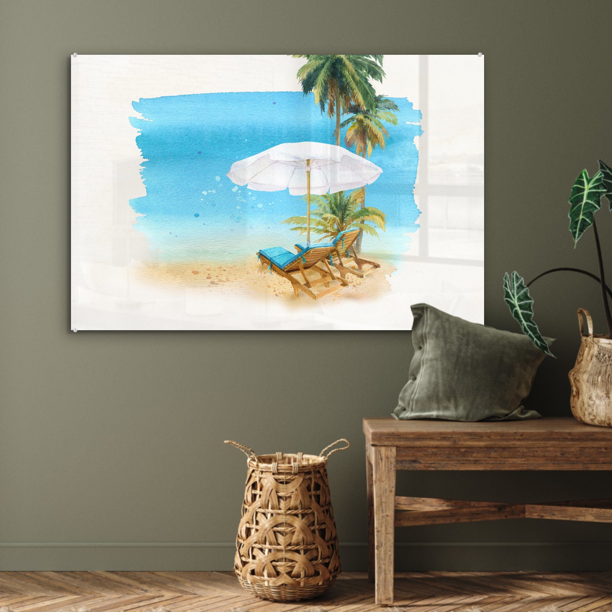 Palmen Schlafzimmer St), Acrylglasbild Wasserfarben, - (1 - & Sonnenschirm MuchoWow Strandkorb - Acrylglasbilder Wohnzimmer