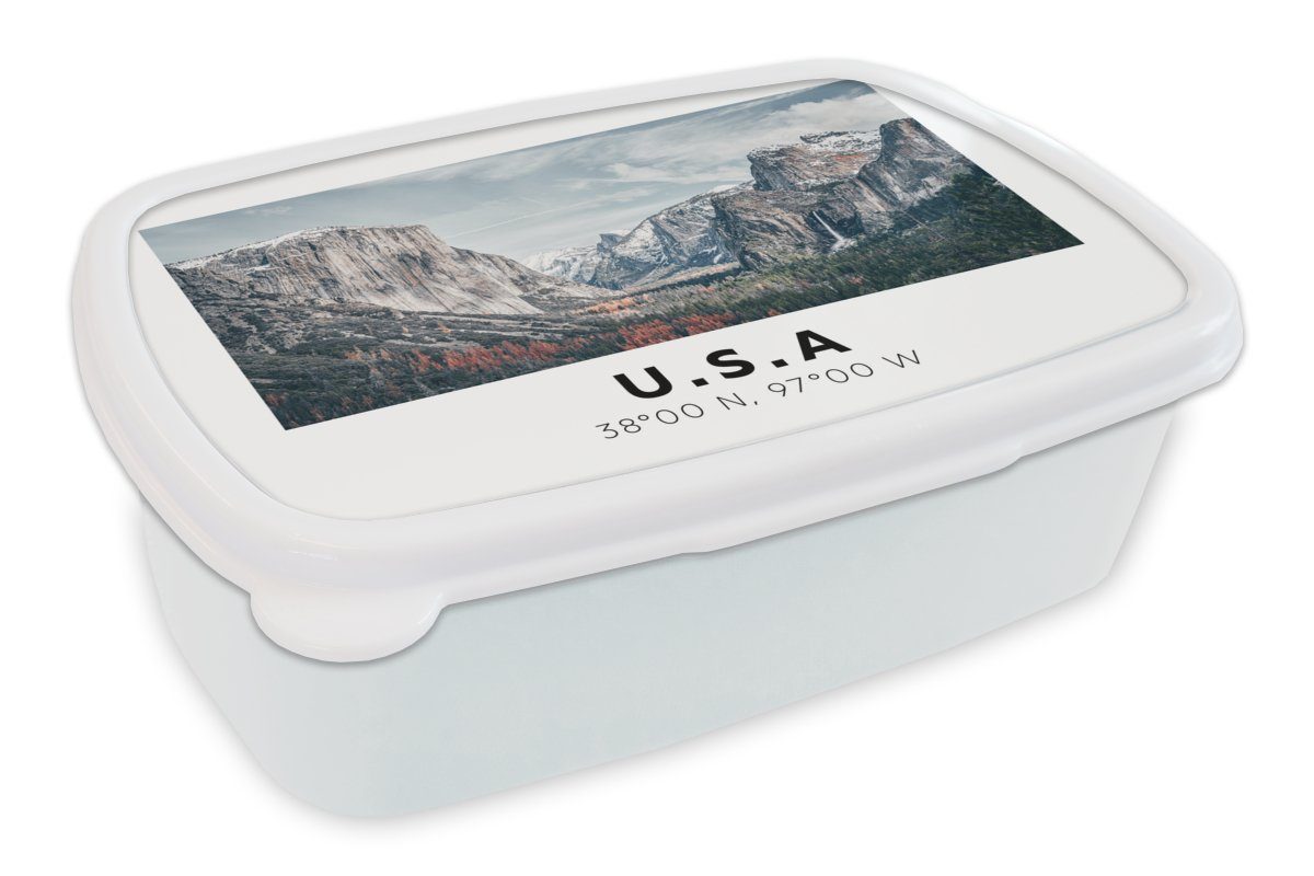 MuchoWow Lunchbox Yosemite - Amerika - Wyoming, Kunststoff, (2-tlg), Brotbox für Kinder und Erwachsene, Brotdose, für Jungs und Mädchen weiß